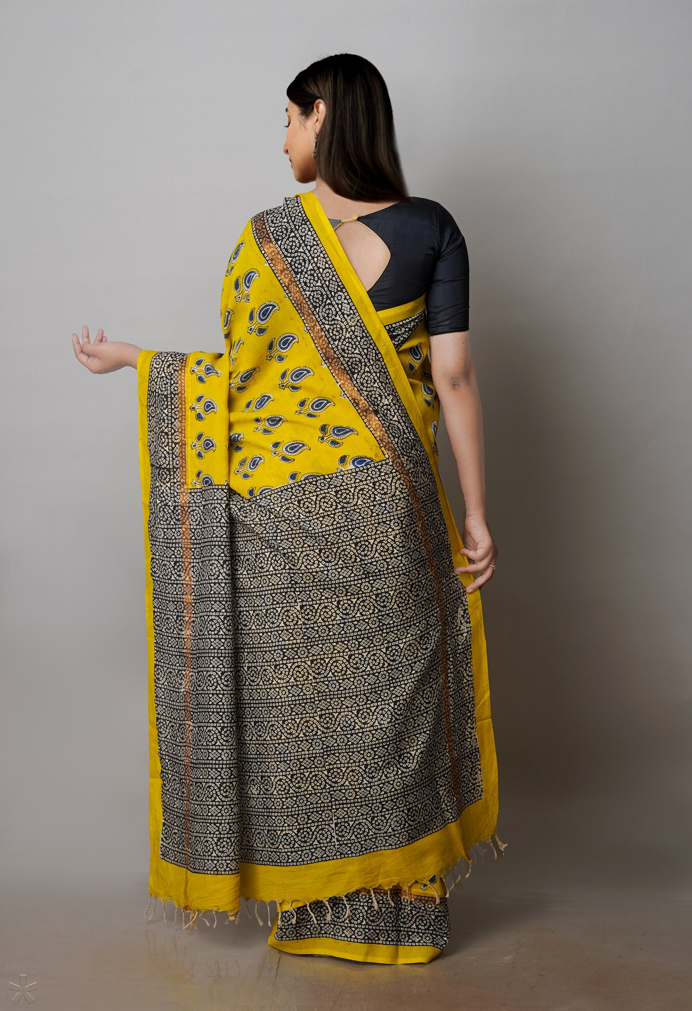 Yellow Bagru Printed Soft Silk Saree-UNM71206