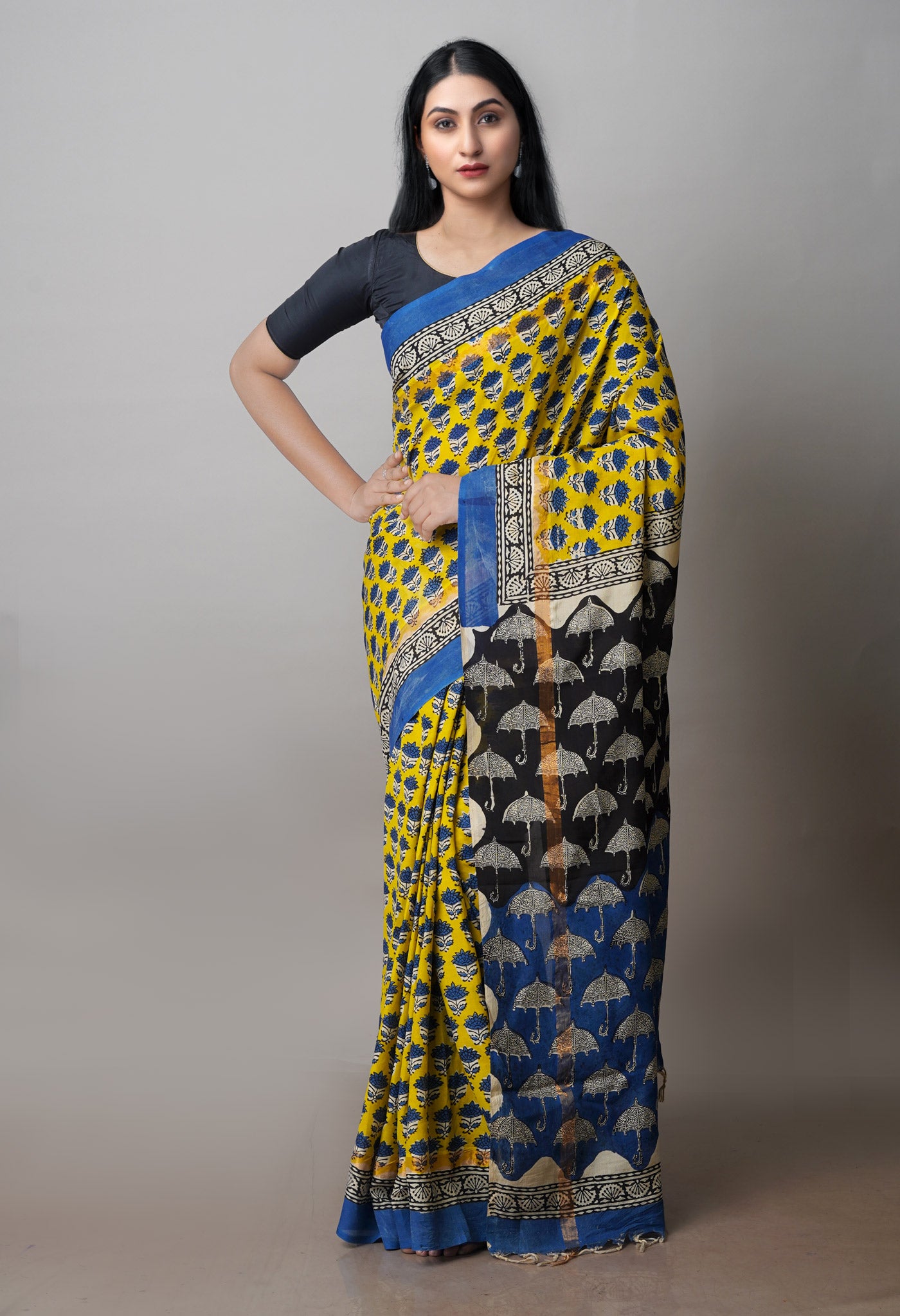 Yellow Bagru Printed Soft Silk Saree