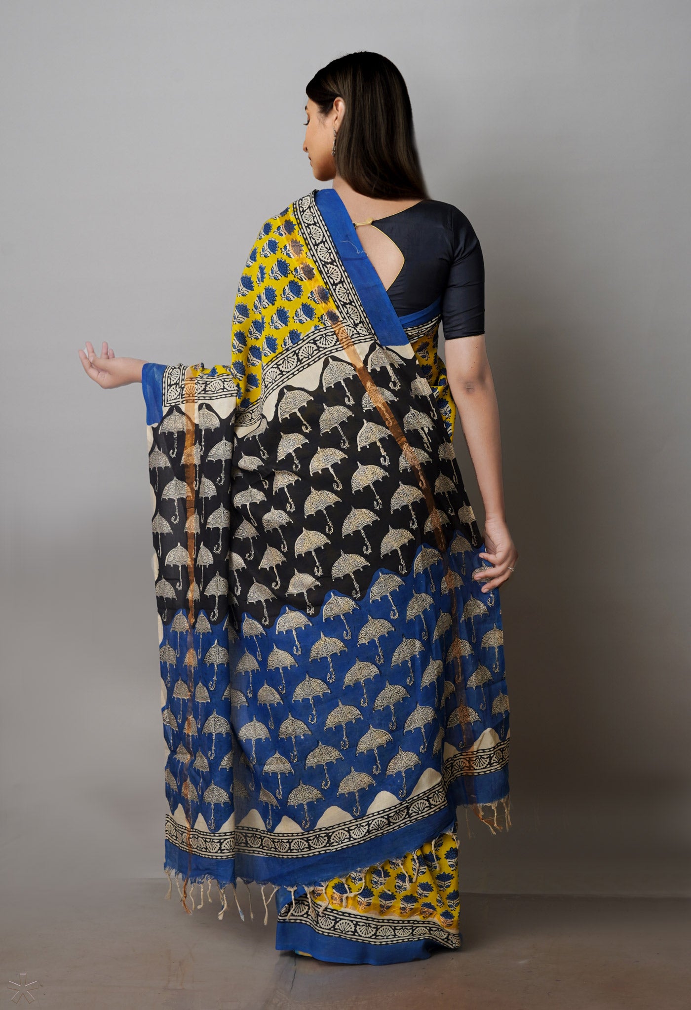 Yellow Bagru Printed Soft Silk Saree