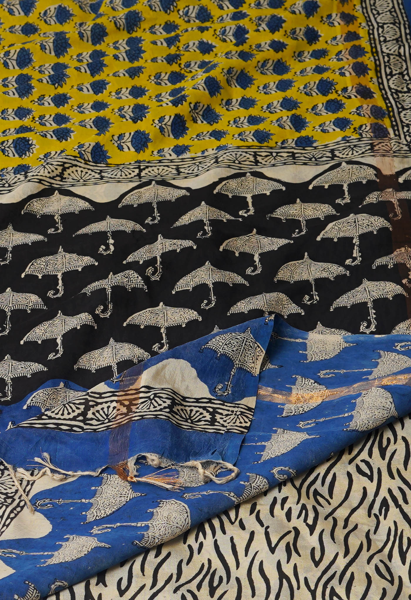 Yellow Bagru Printed Soft Silk Saree
