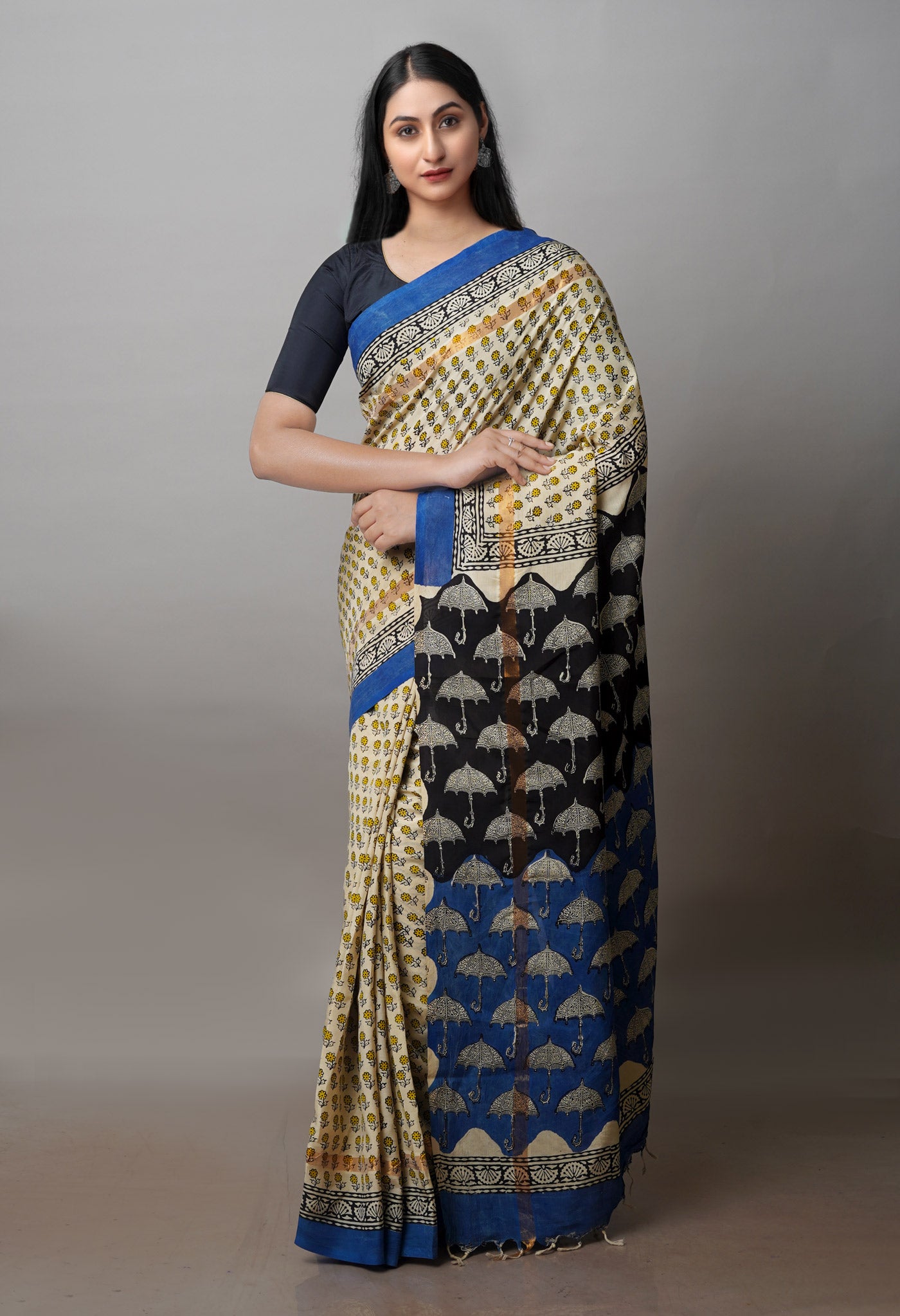 Cream Bagru Printed Soft Silk Saree-UNM71212