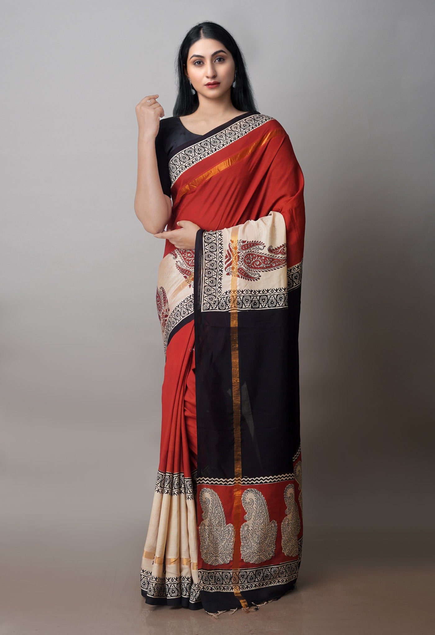 Maroon Bagru Printed Soft Silk Saree-UNM71217
