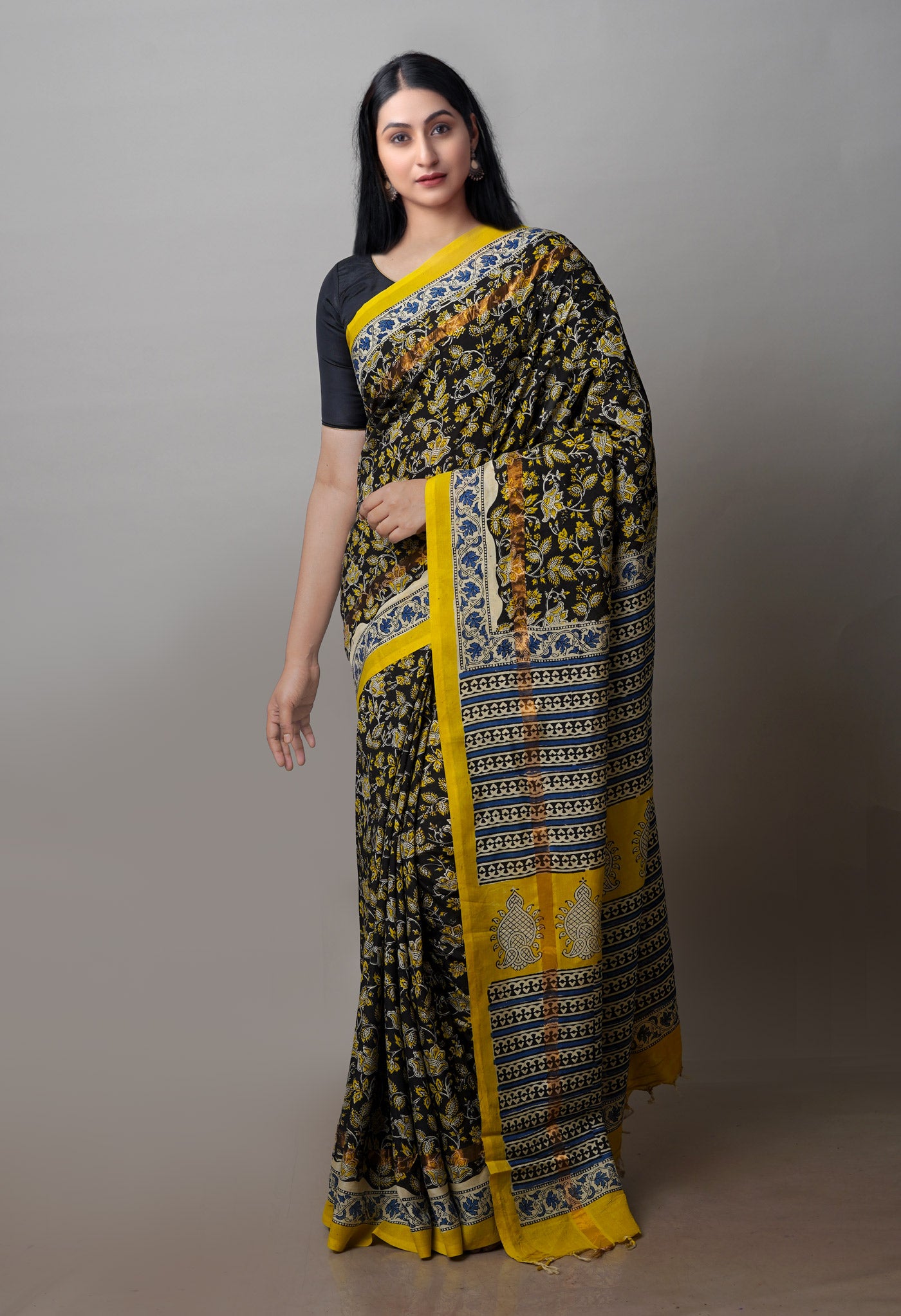 Black Bagru Printed Soft Silk Saree