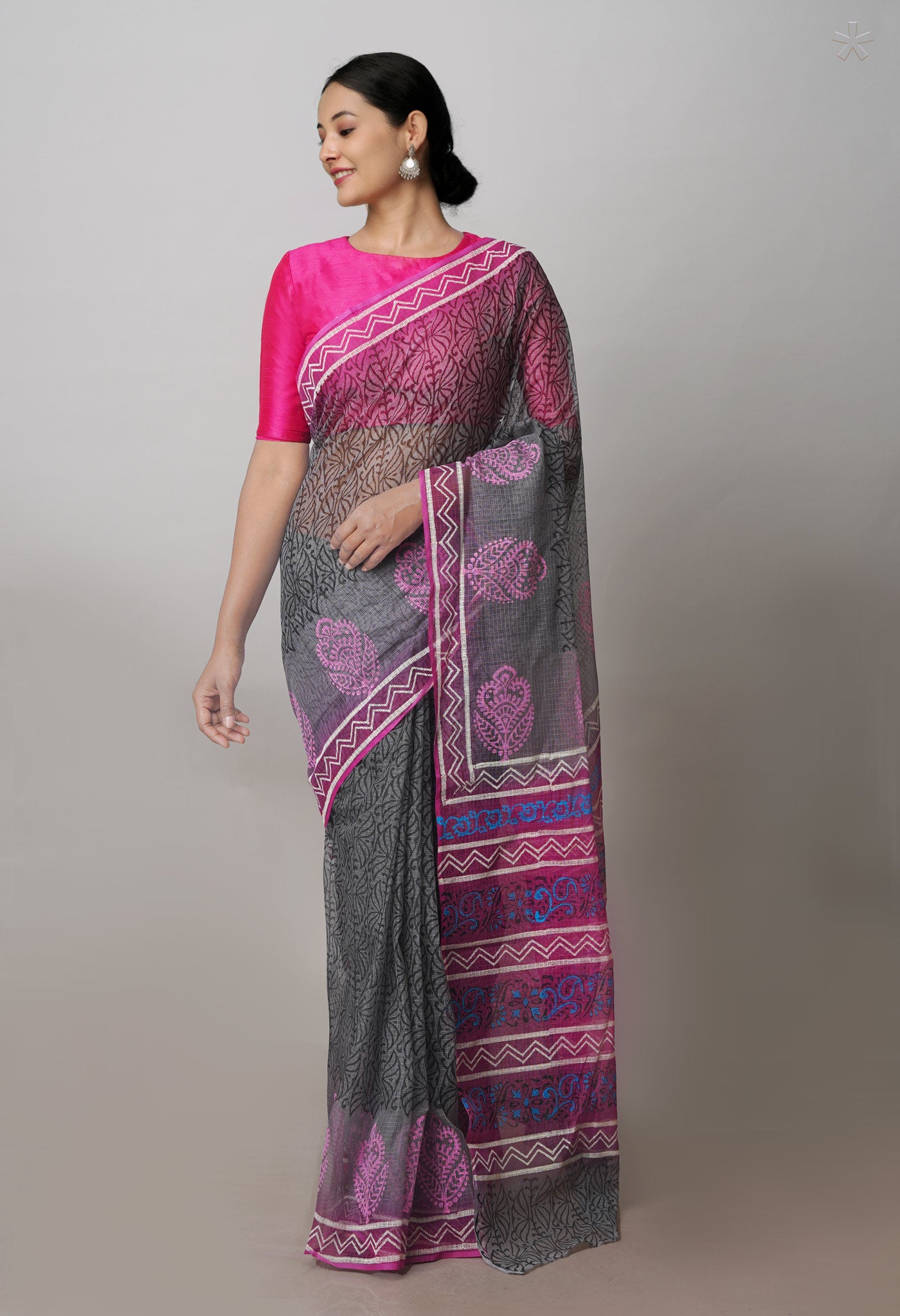 Grey Pure Kota Block Printed Cotton Saree-UNM71230