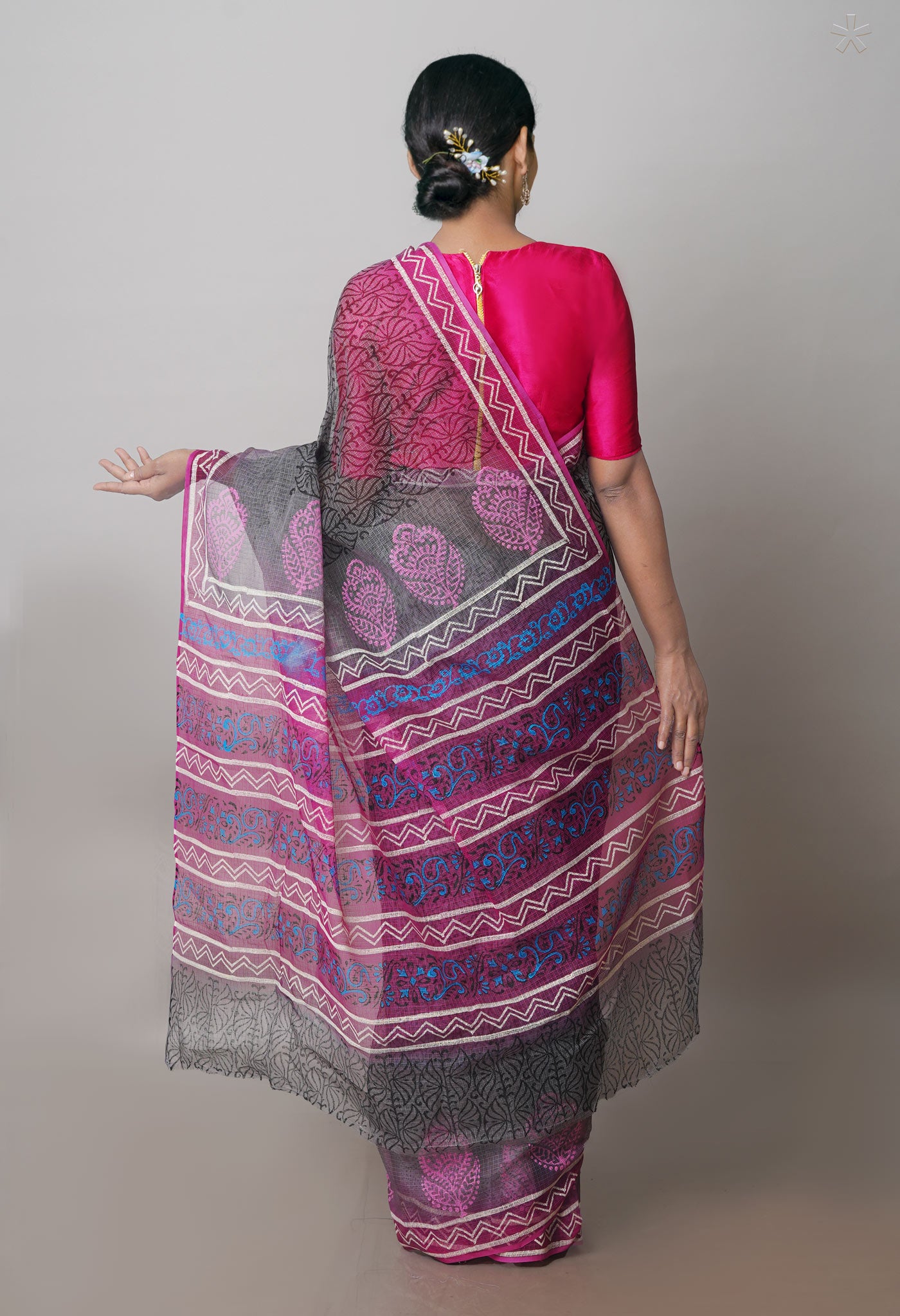 Grey Pure Kota Block Printed Cotton Saree-UNM71230