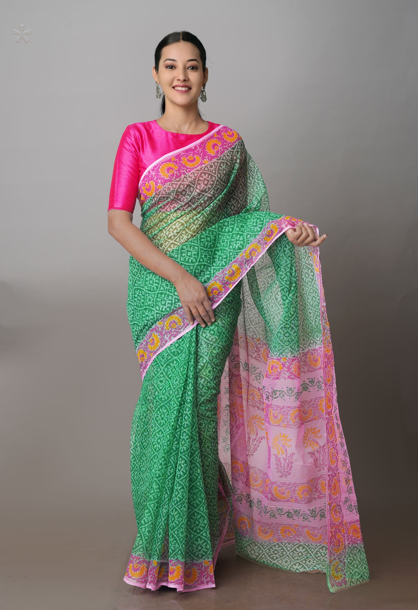 Green Pure Kota Block Printed Cotton Saree-UNM71233