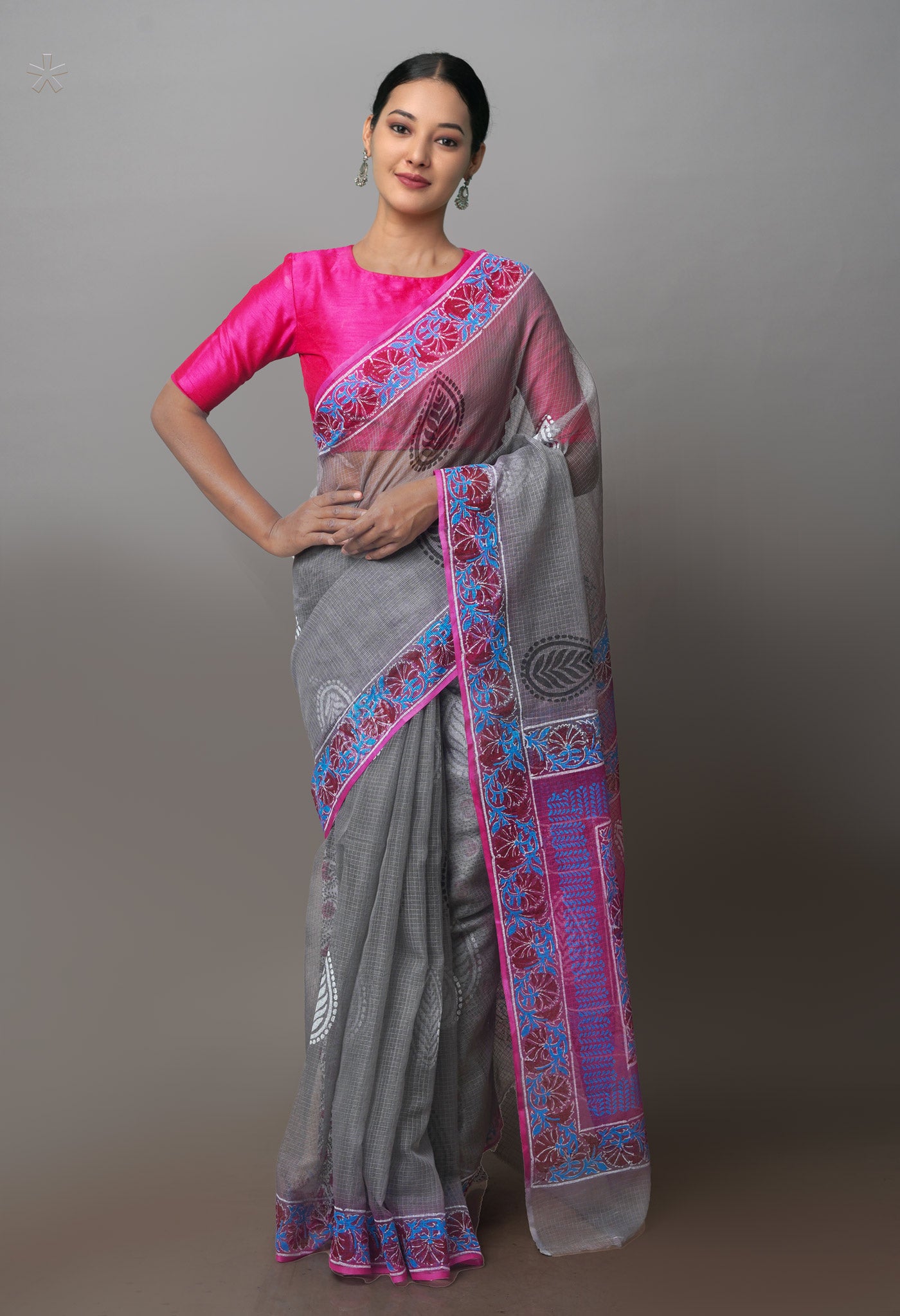 Grey Pure Kota Block Printed Cotton Saree-UNM71238