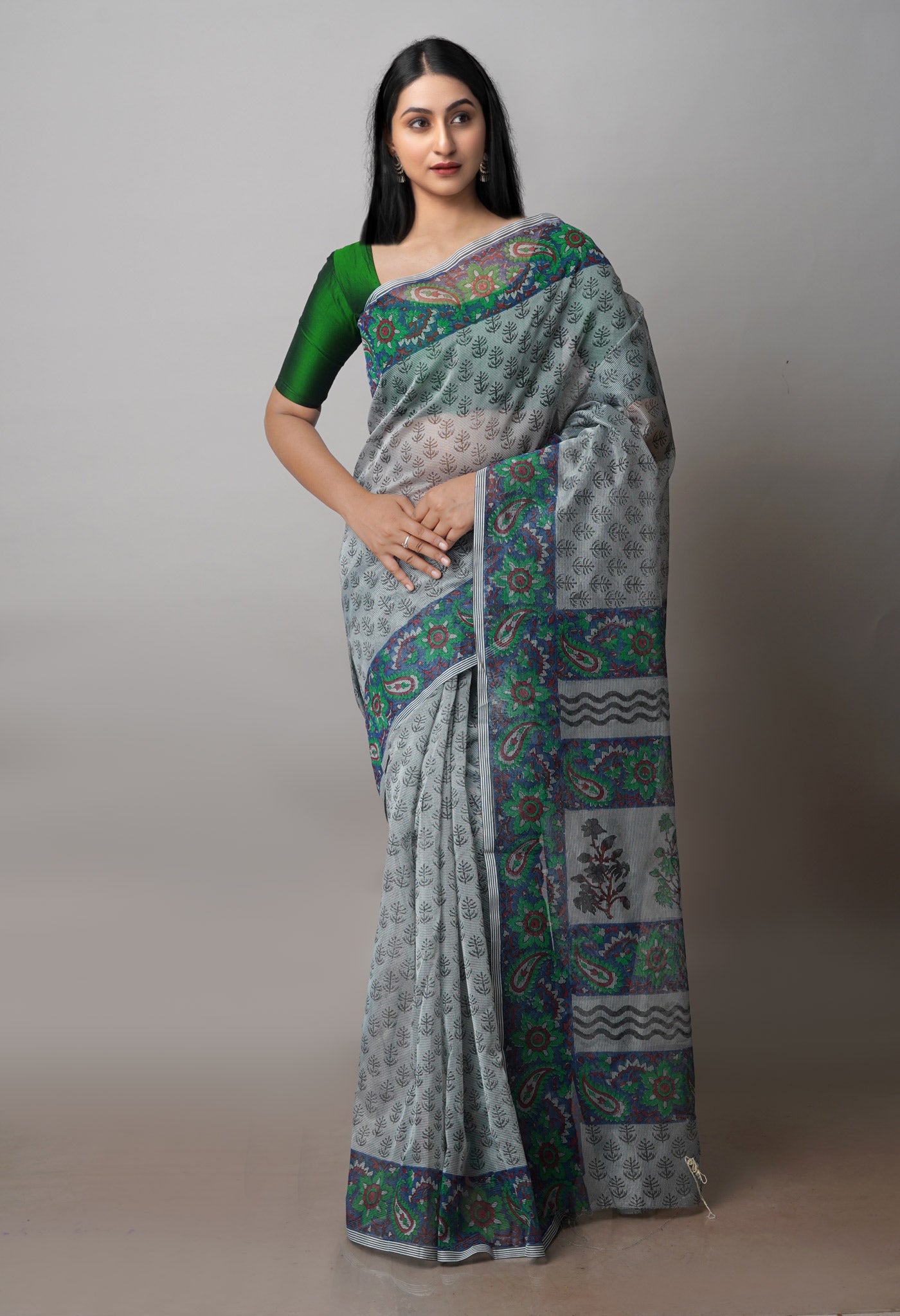Grey Block Printed Supernet Saree