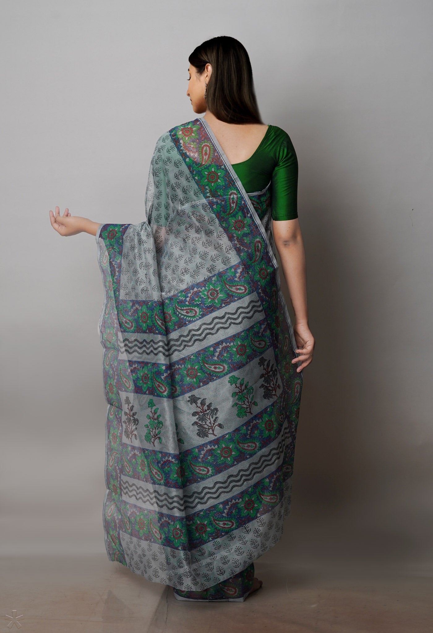 Grey Block Printed Supernet Saree