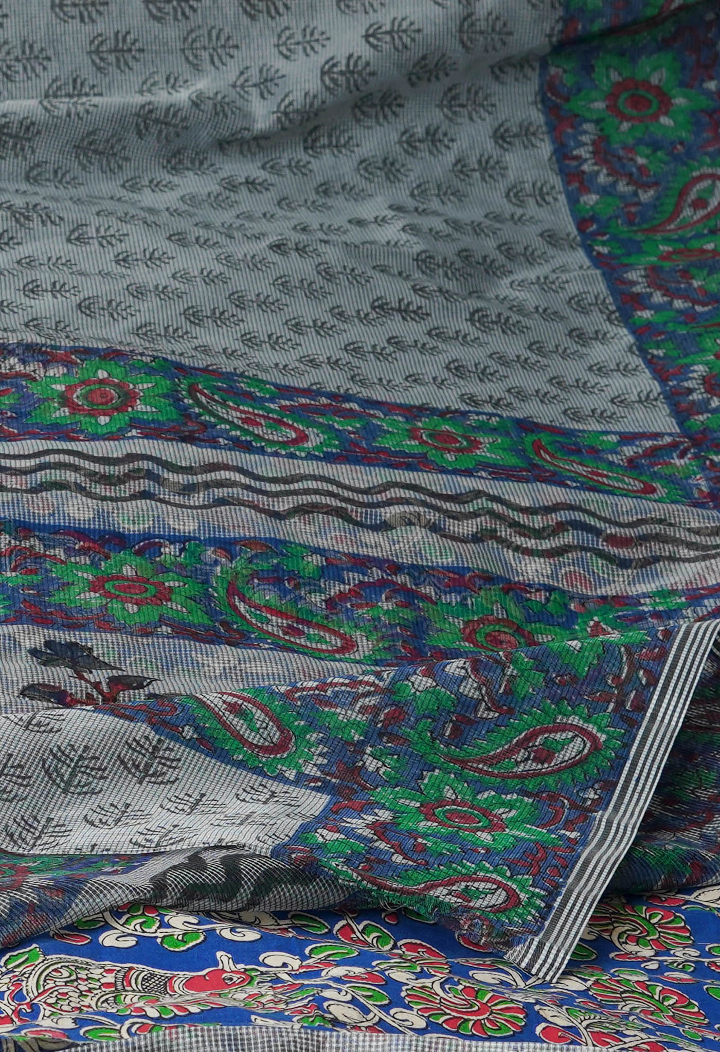 Grey Block Printed Supernet Saree