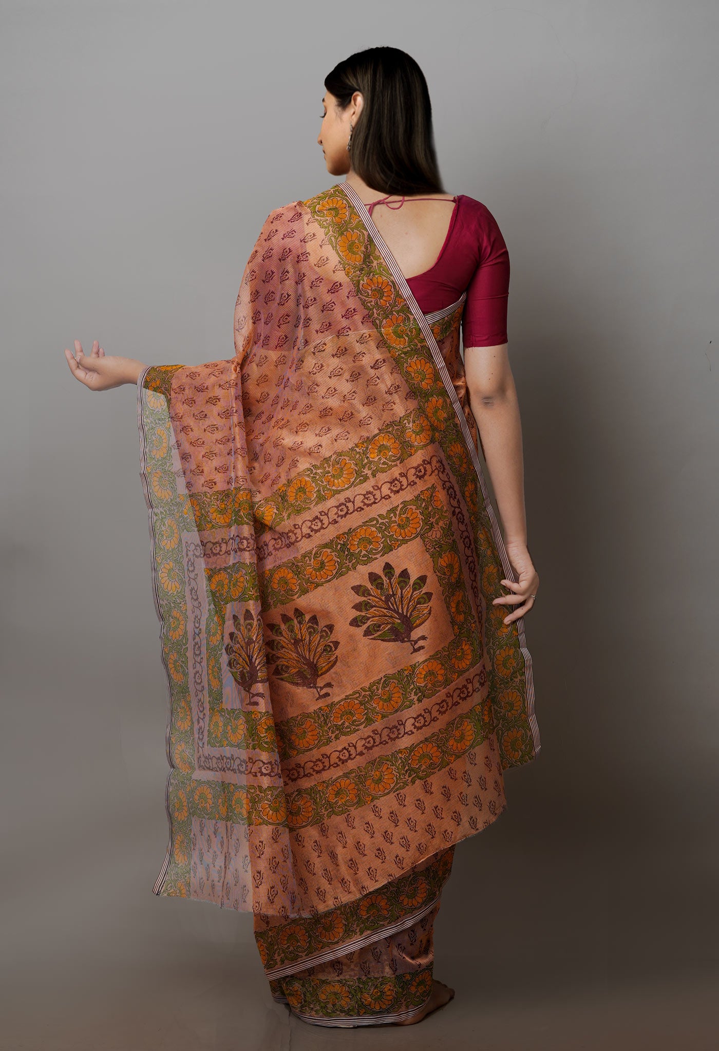 Peach Block Printed Supernet Saree