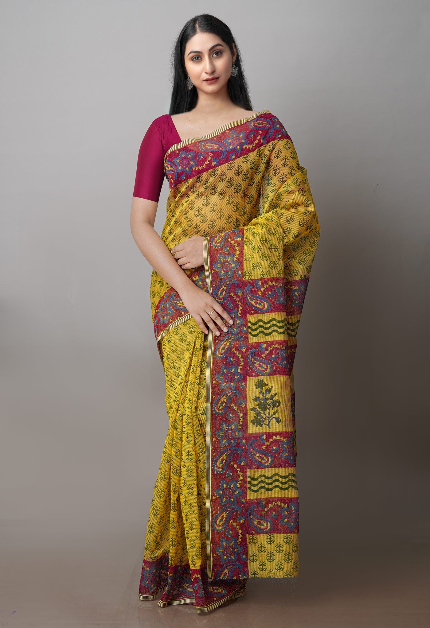 Yellow Block Printed Supernet Saree-UNM71287