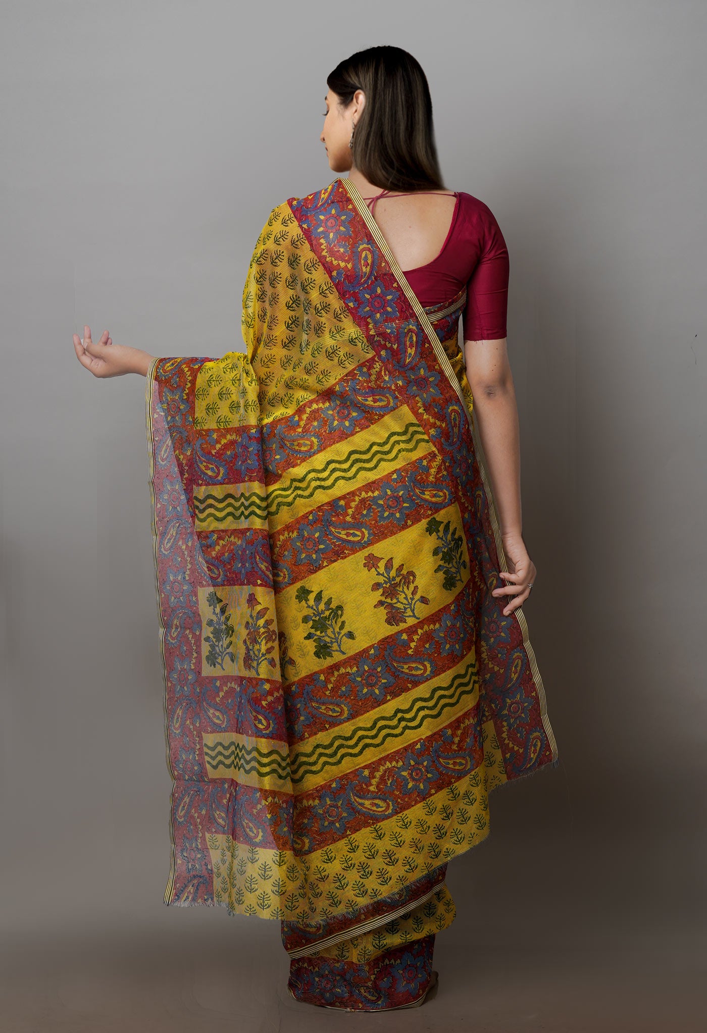 Yellow Block Printed Supernet Saree-UNM71287
