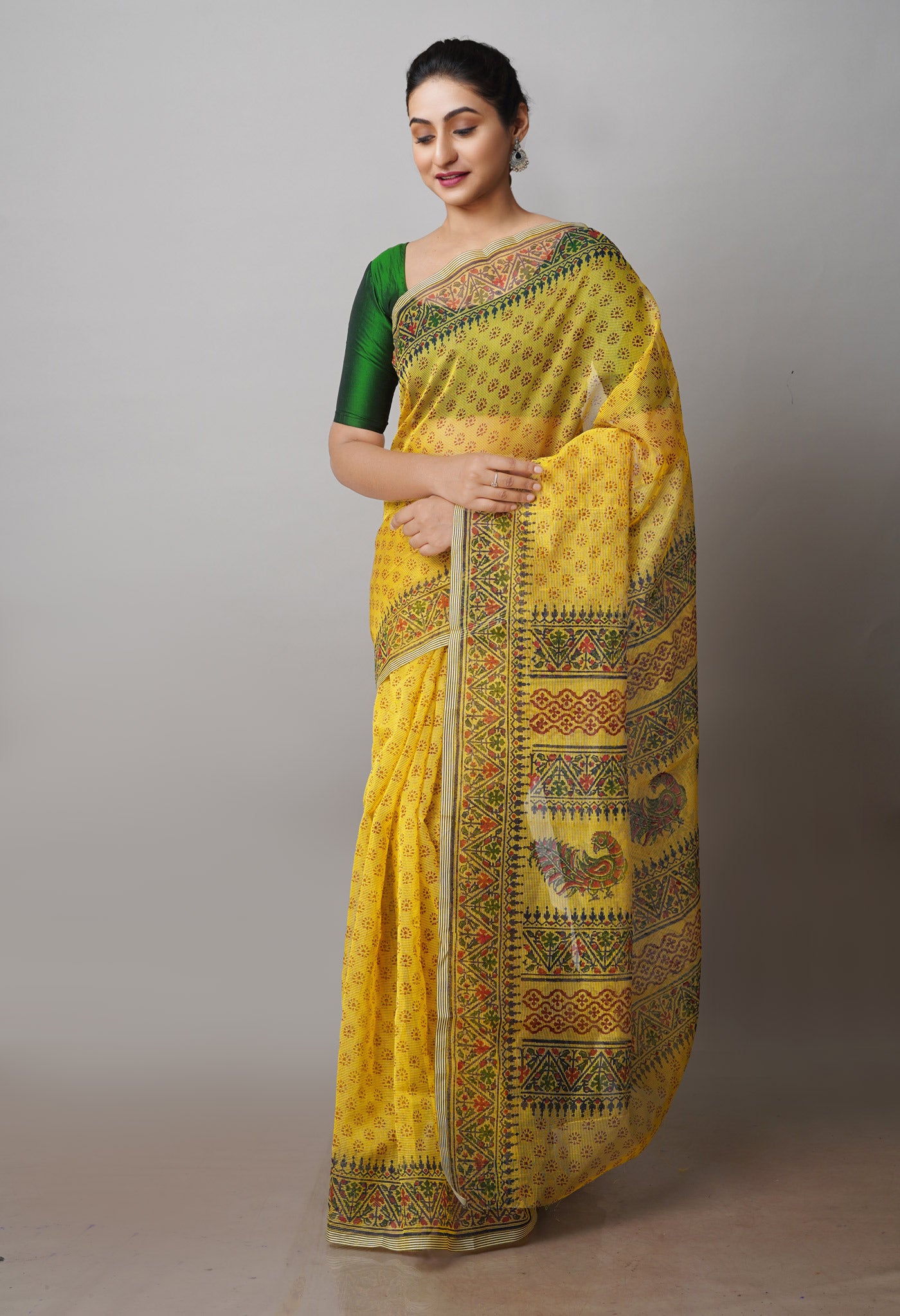 Yellow Block Printed Supernet Saree-UNM71290