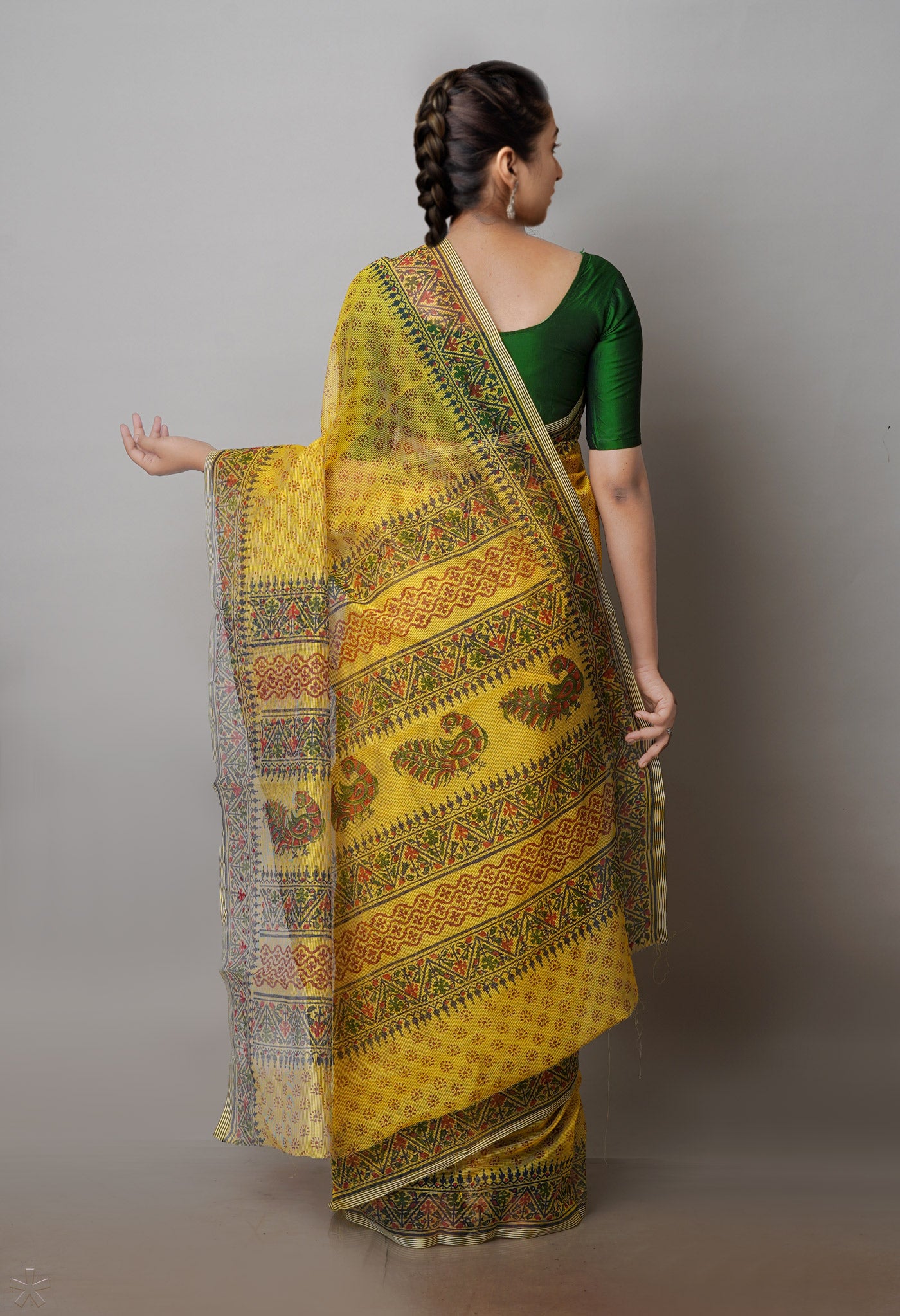 Yellow Block Printed Supernet Saree-UNM71290