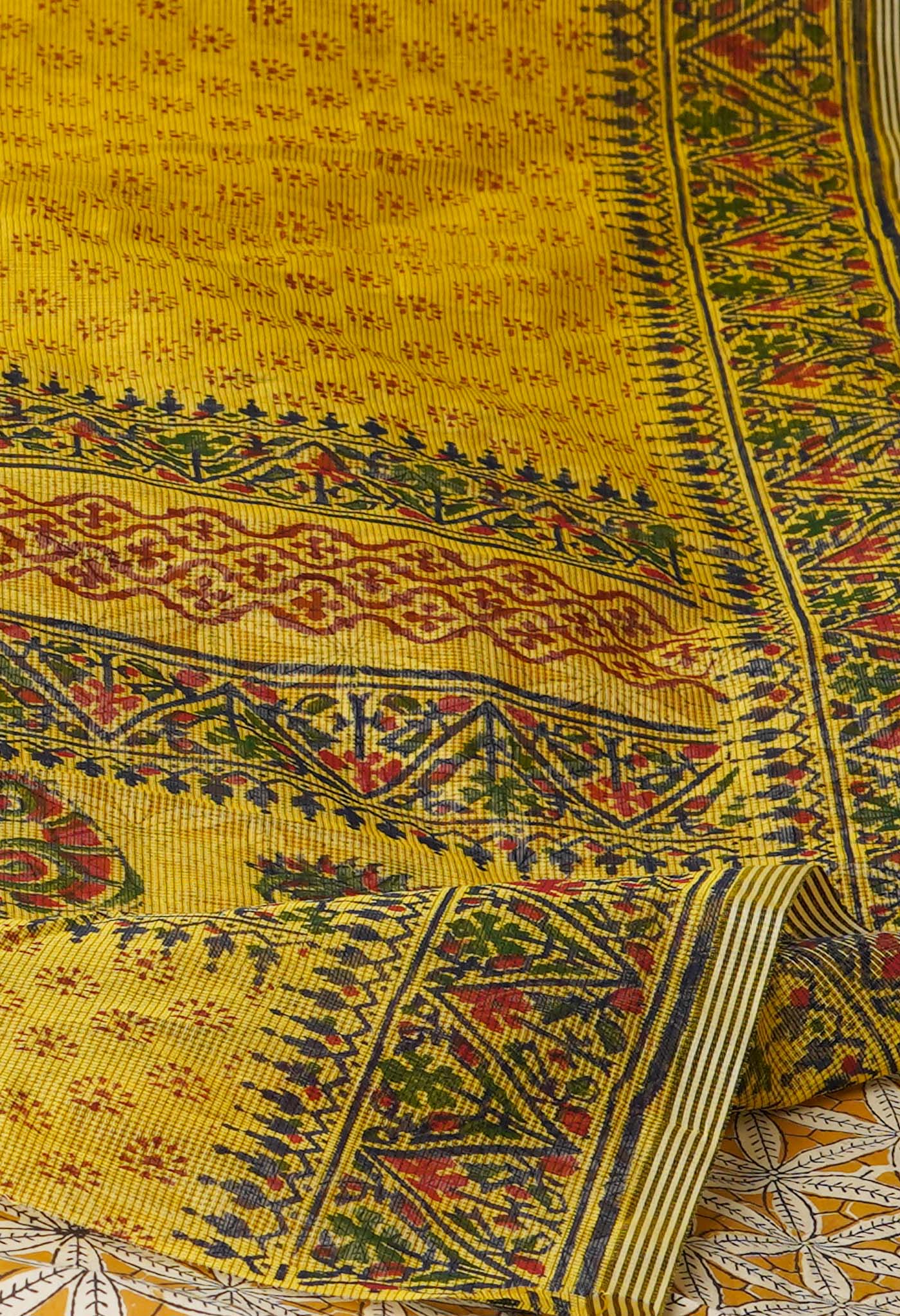 Yellow Block Printed Supernet Saree-UNM71290