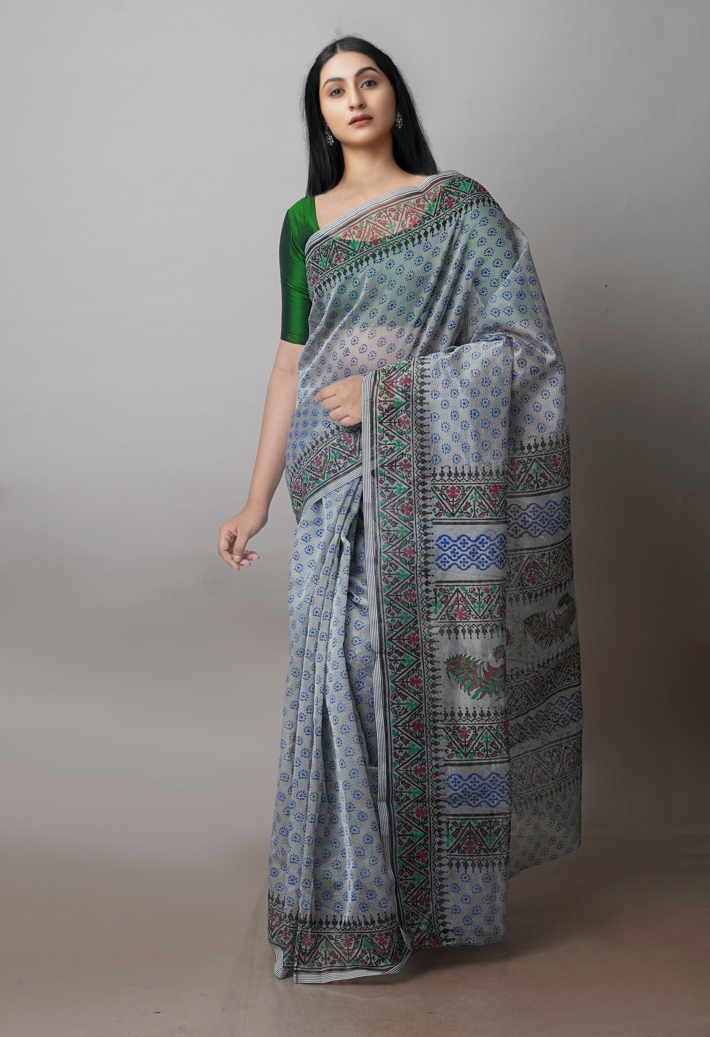 Grey Block Printed Supernet Saree-UNM71292