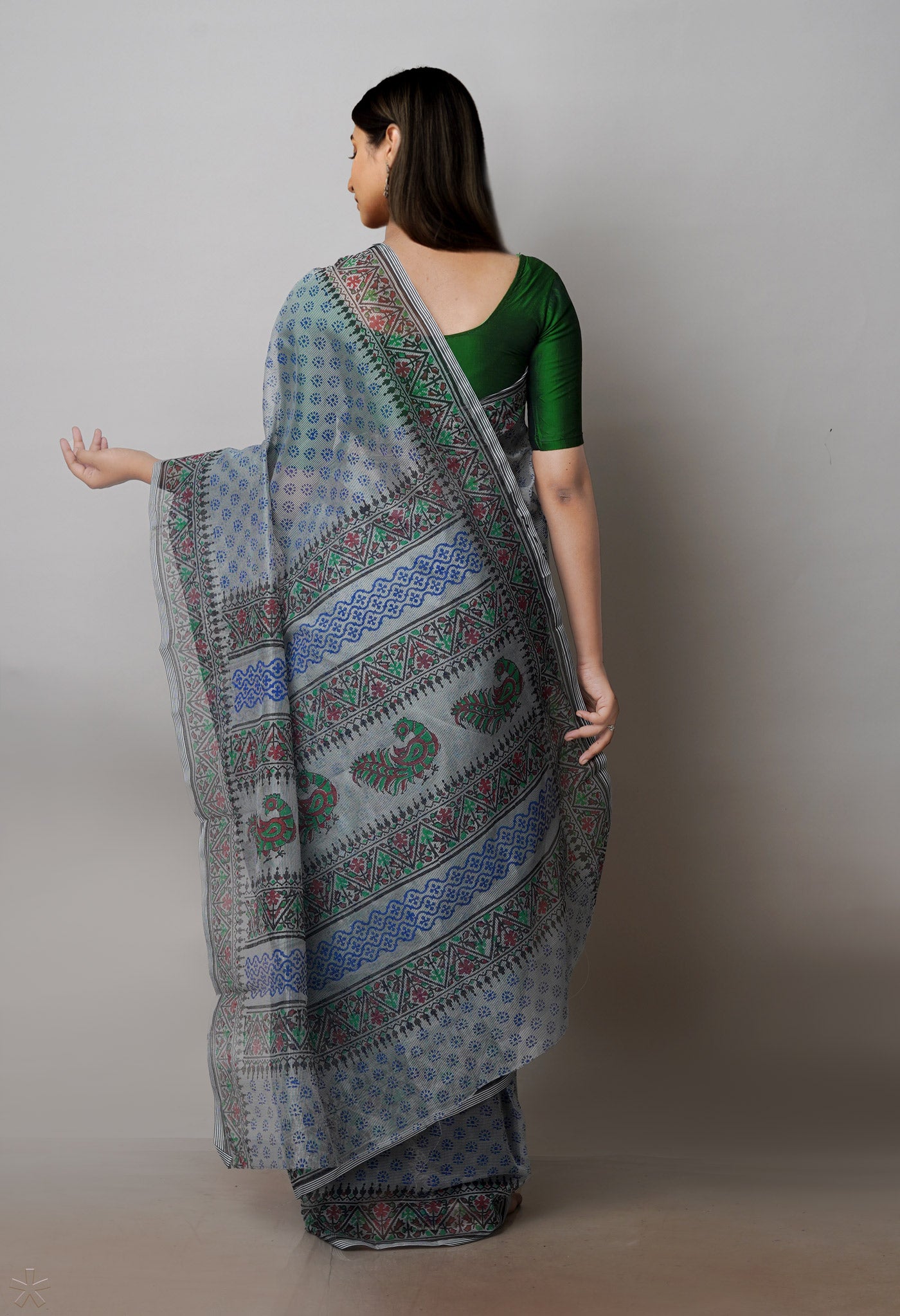 Grey Block Printed Supernet Saree-UNM71292