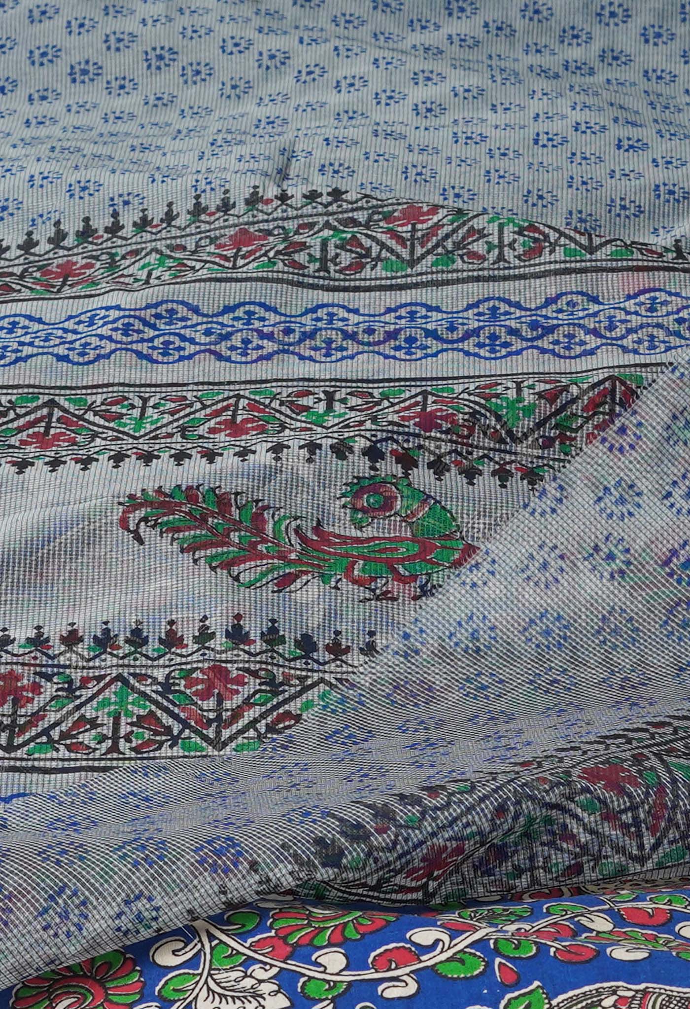 Grey Block Printed Supernet Saree-UNM71292