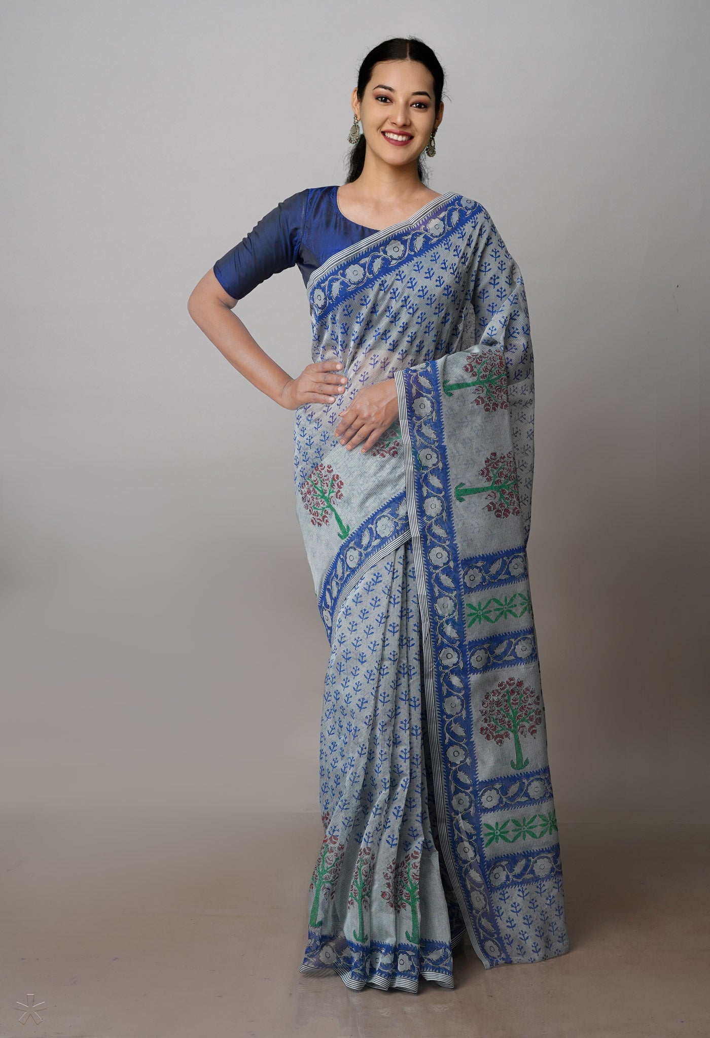 Grey Block Printed Supernet Saree-UNM71295