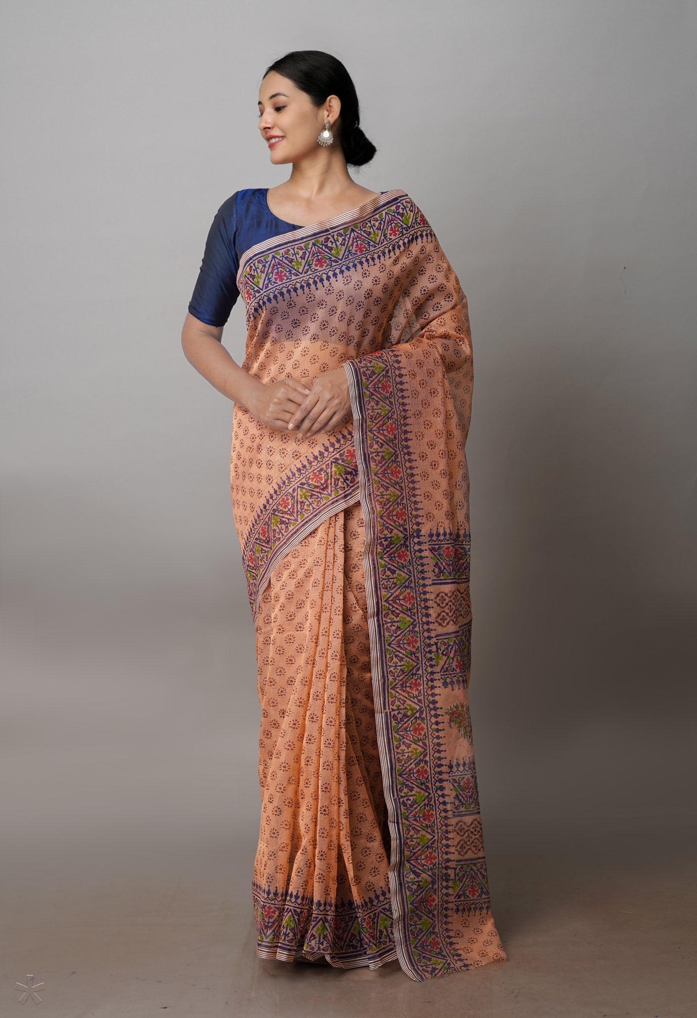 Peach Block Printed Supernet Saree