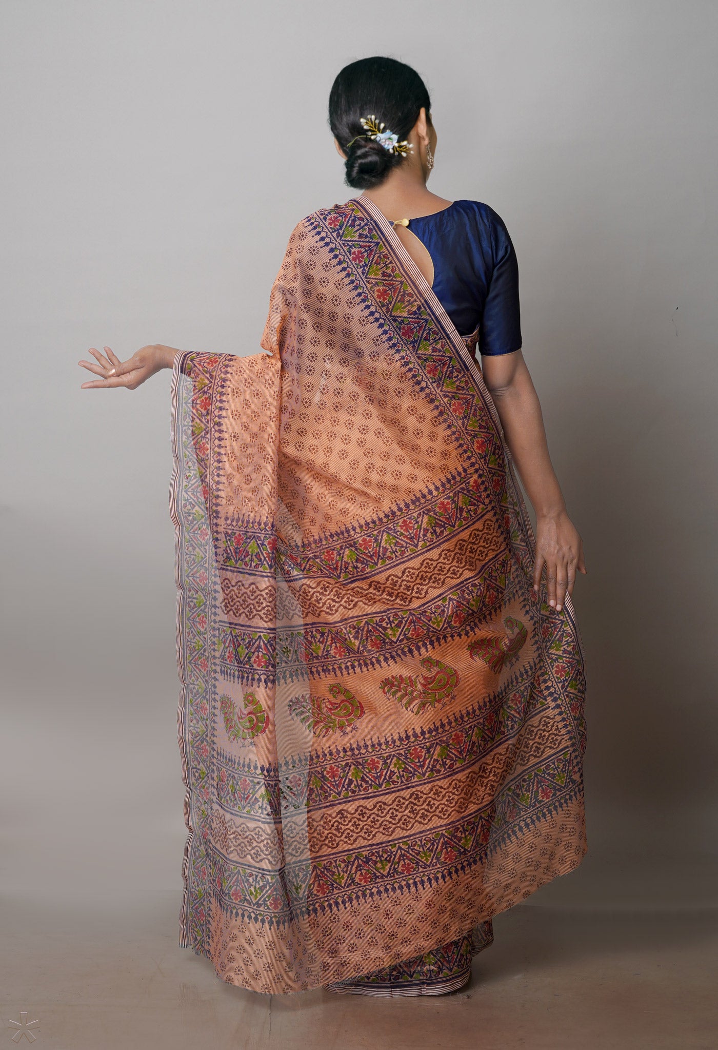 Peach Block Printed Supernet Saree