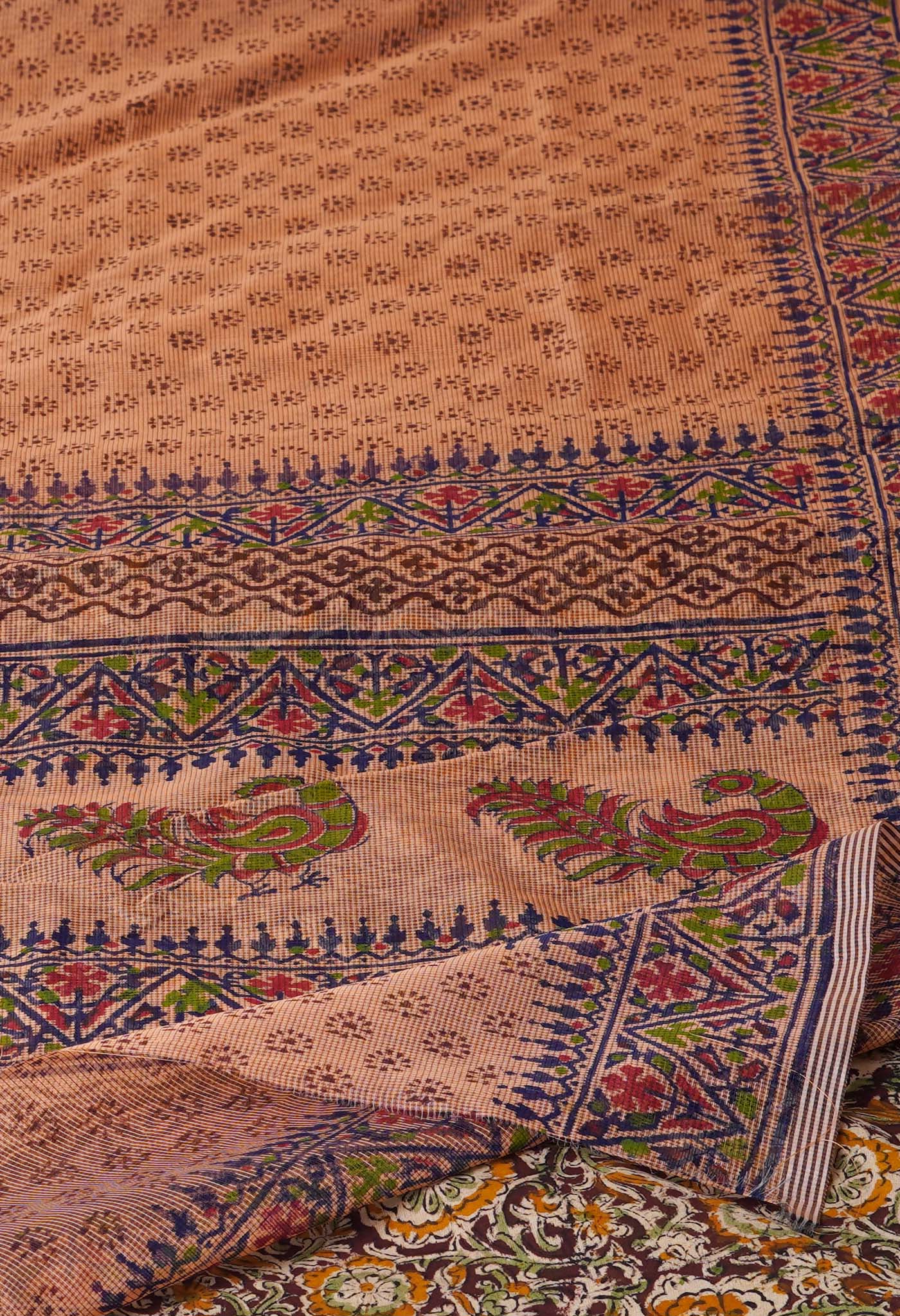 Peach Block Printed Supernet Saree