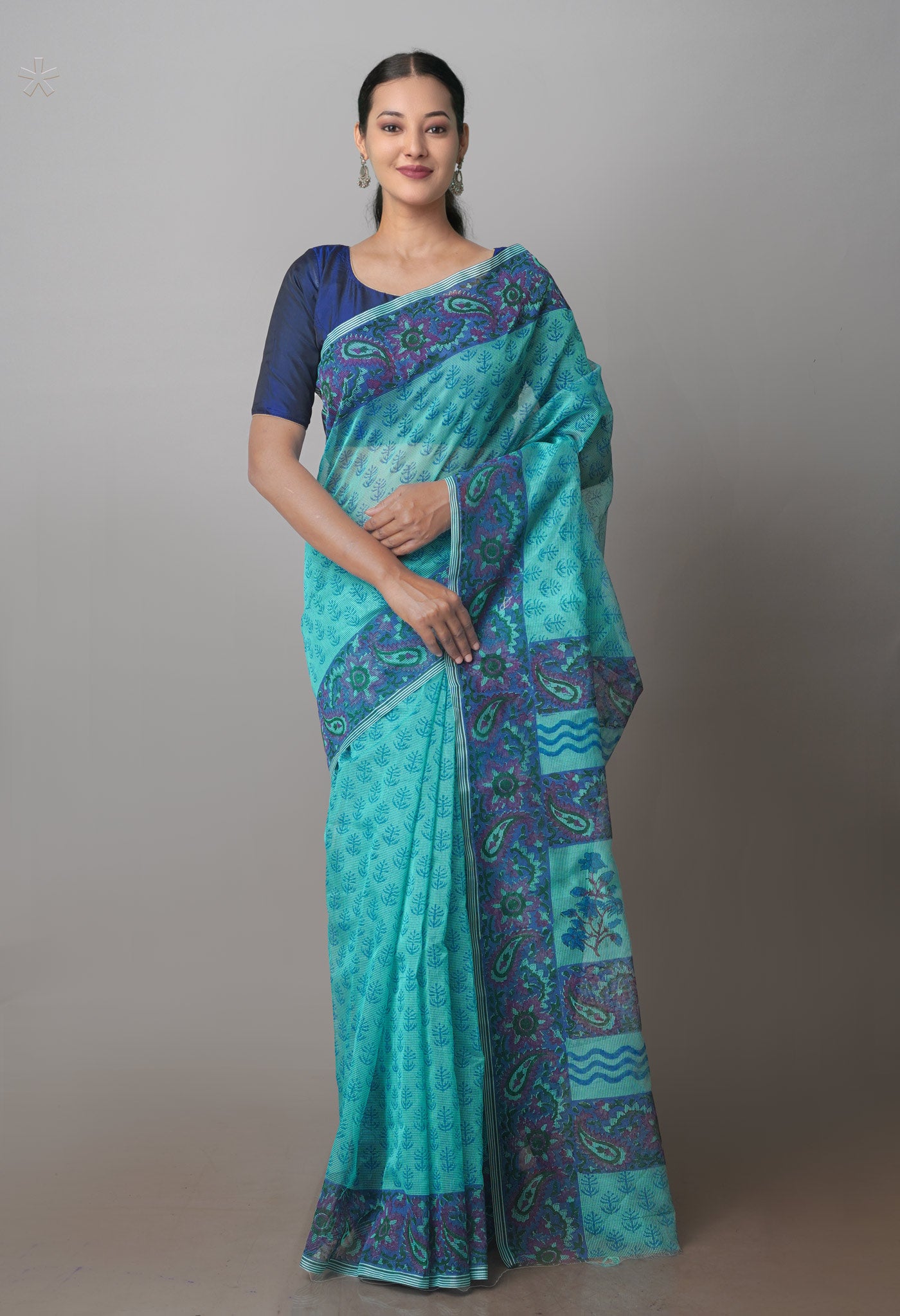 Turquoise Green Block Printed Supernet Saree-UNM71300