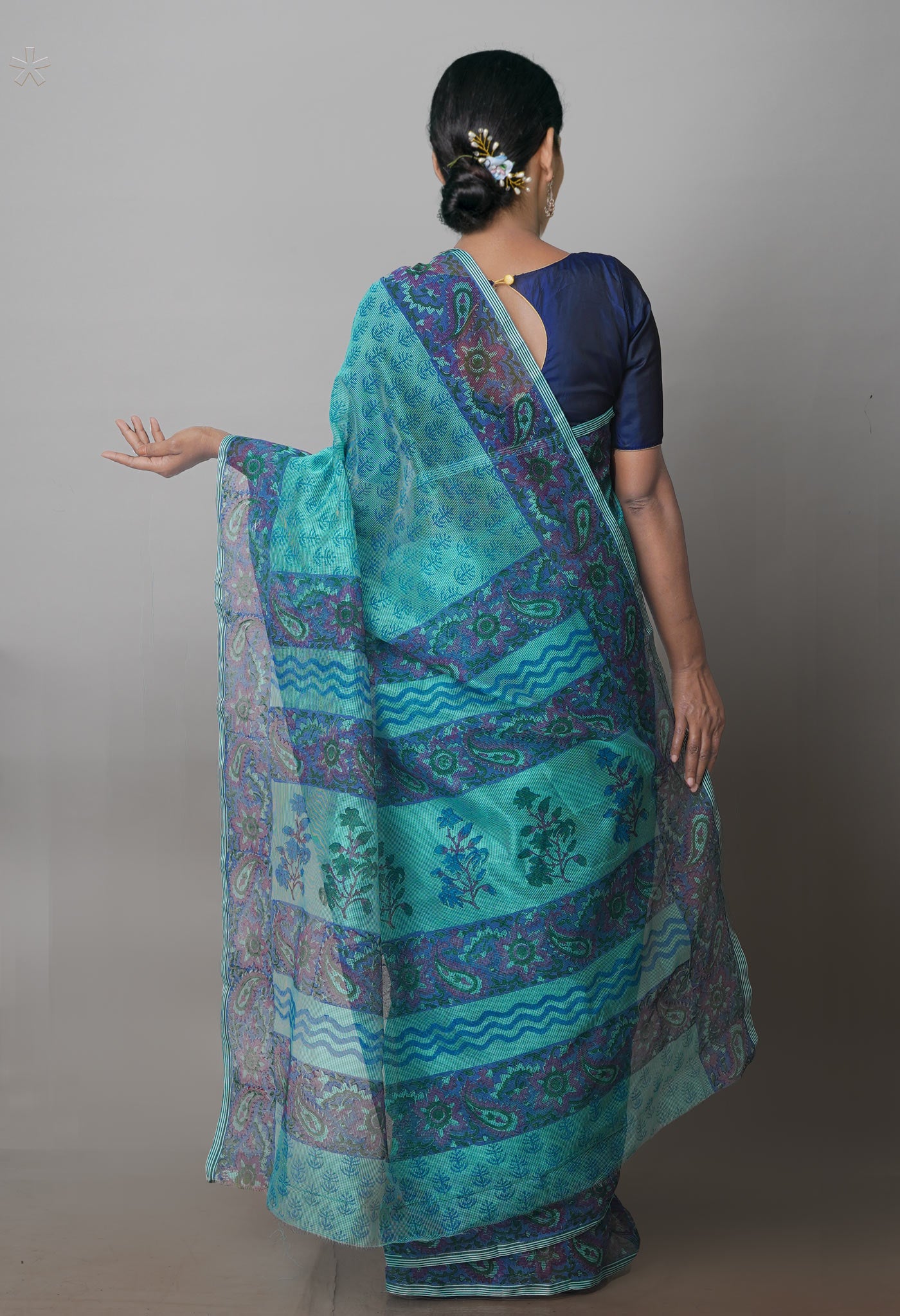 Turquoise Green Block Printed Supernet Saree-UNM71300