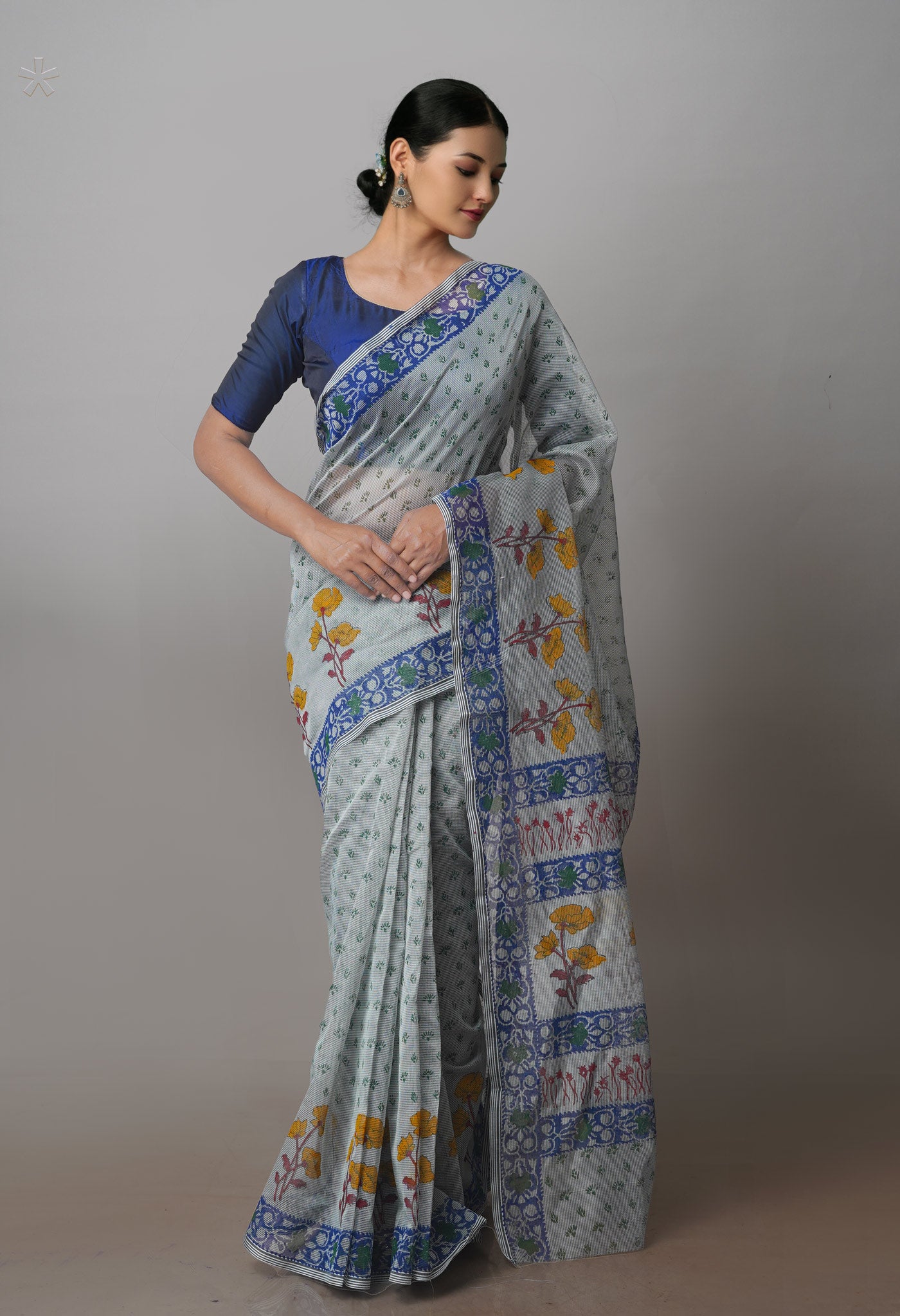 Grey Block Printed Supernet Saree