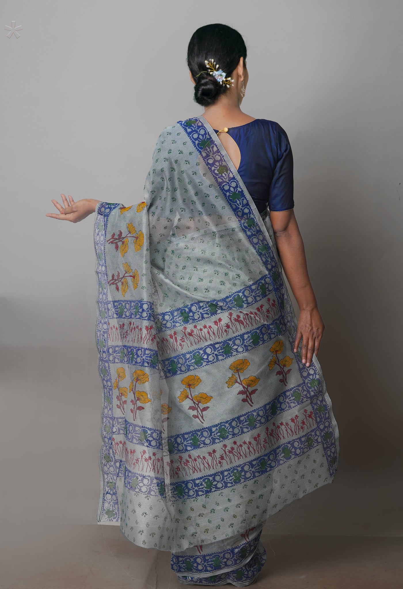 Grey Block Printed Supernet Saree