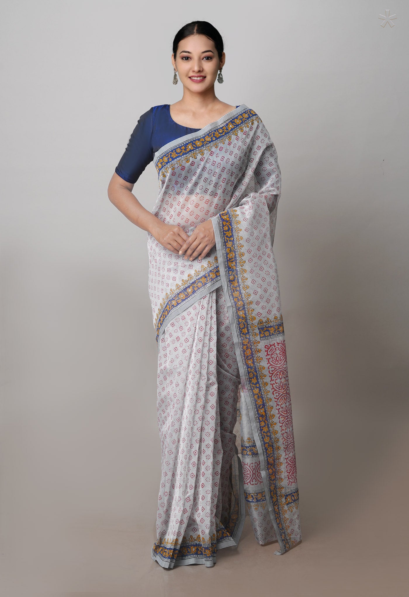 Pale Grey Block Printed Supernet Saree