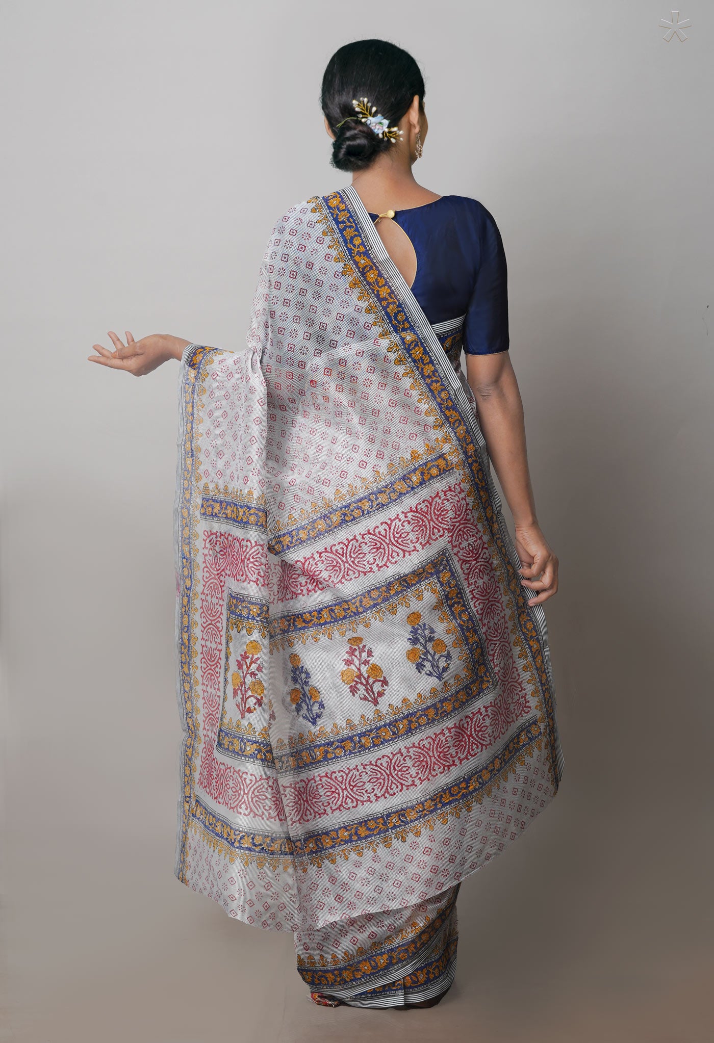 Pale Grey Block Printed Supernet Saree