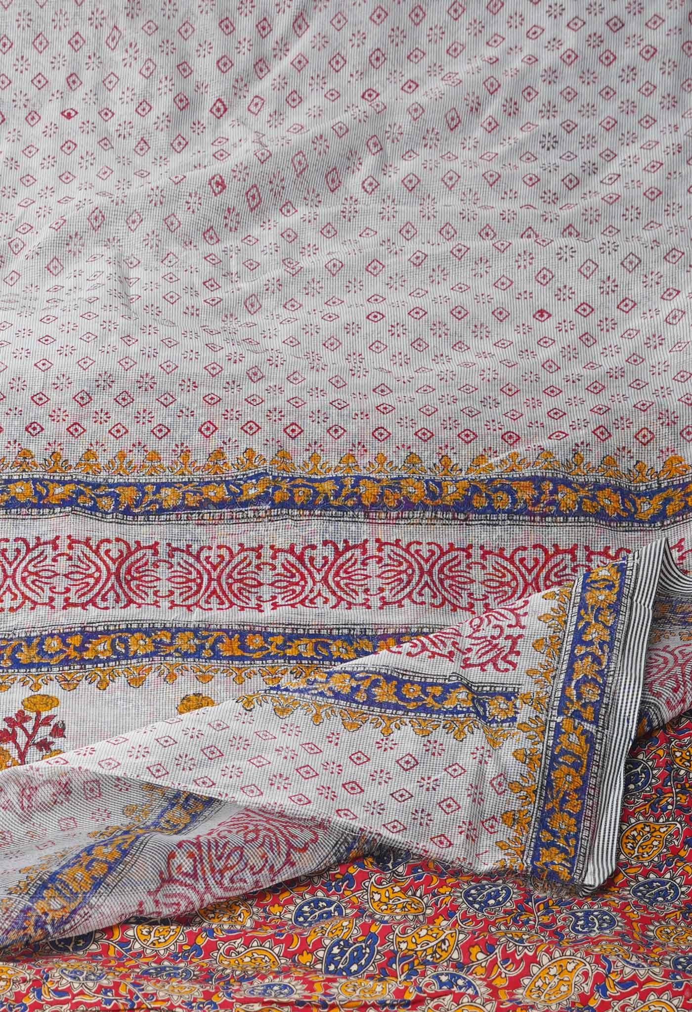 Pale Grey Block Printed Supernet Saree