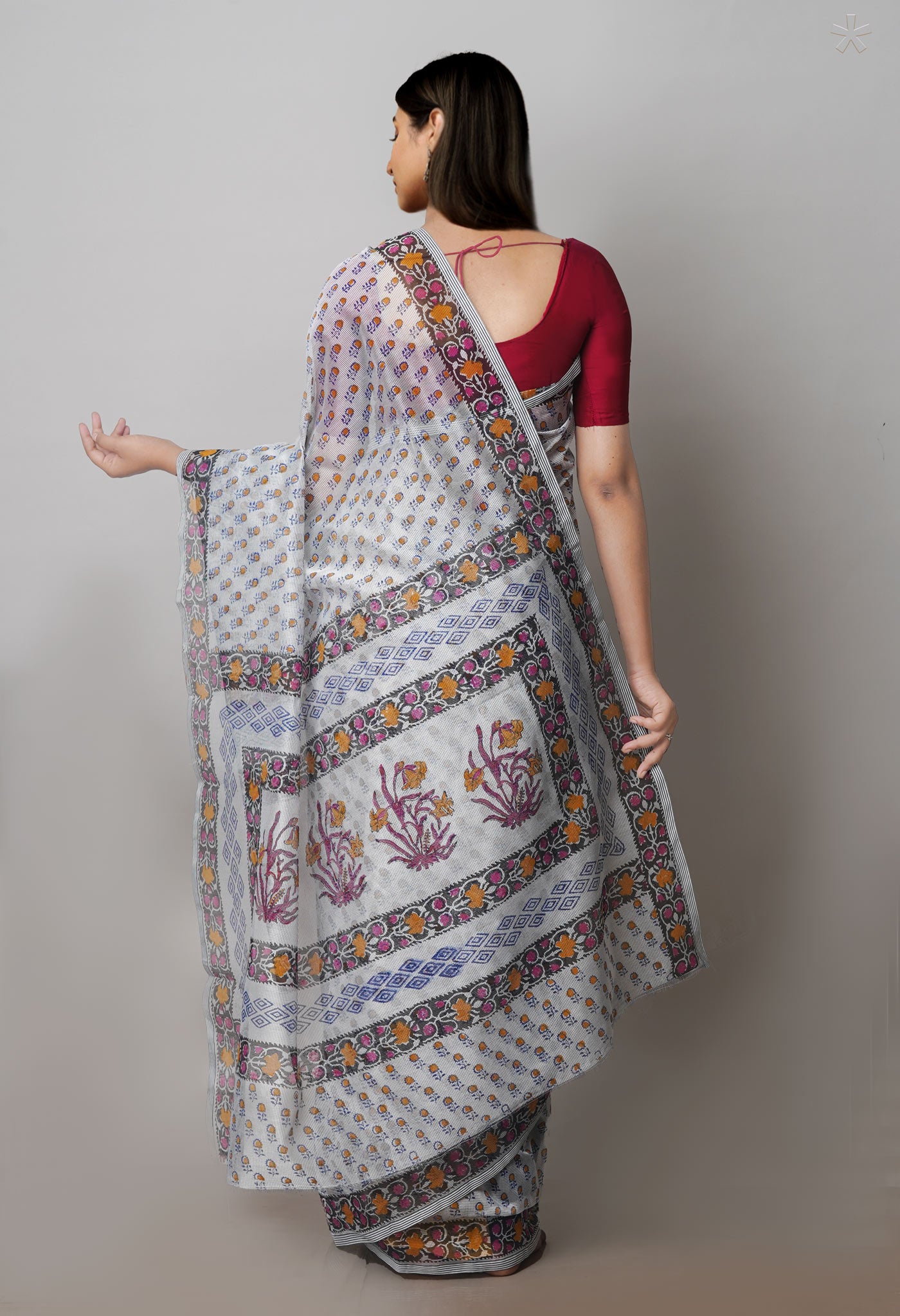 Pale Grey Block Printed Supernet Saree-UNM71313