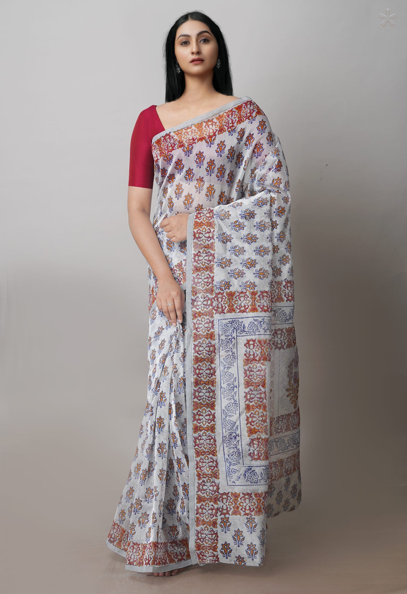 Pale Grey Block Printed Supernet Saree-UNM71314