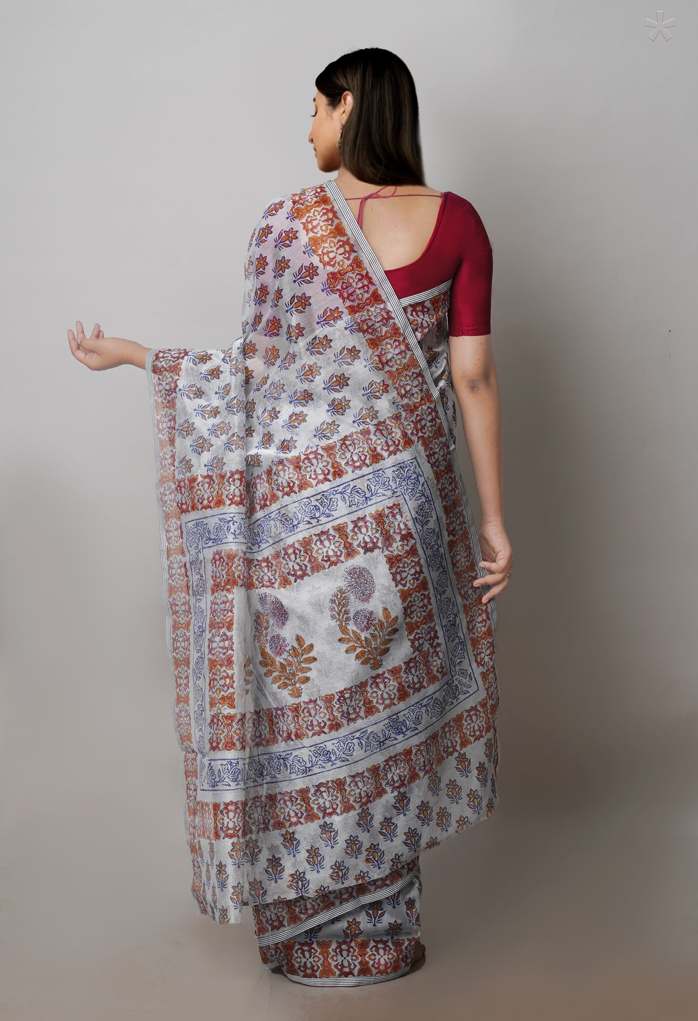 Pale Grey Block Printed Supernet Saree-UNM71314
