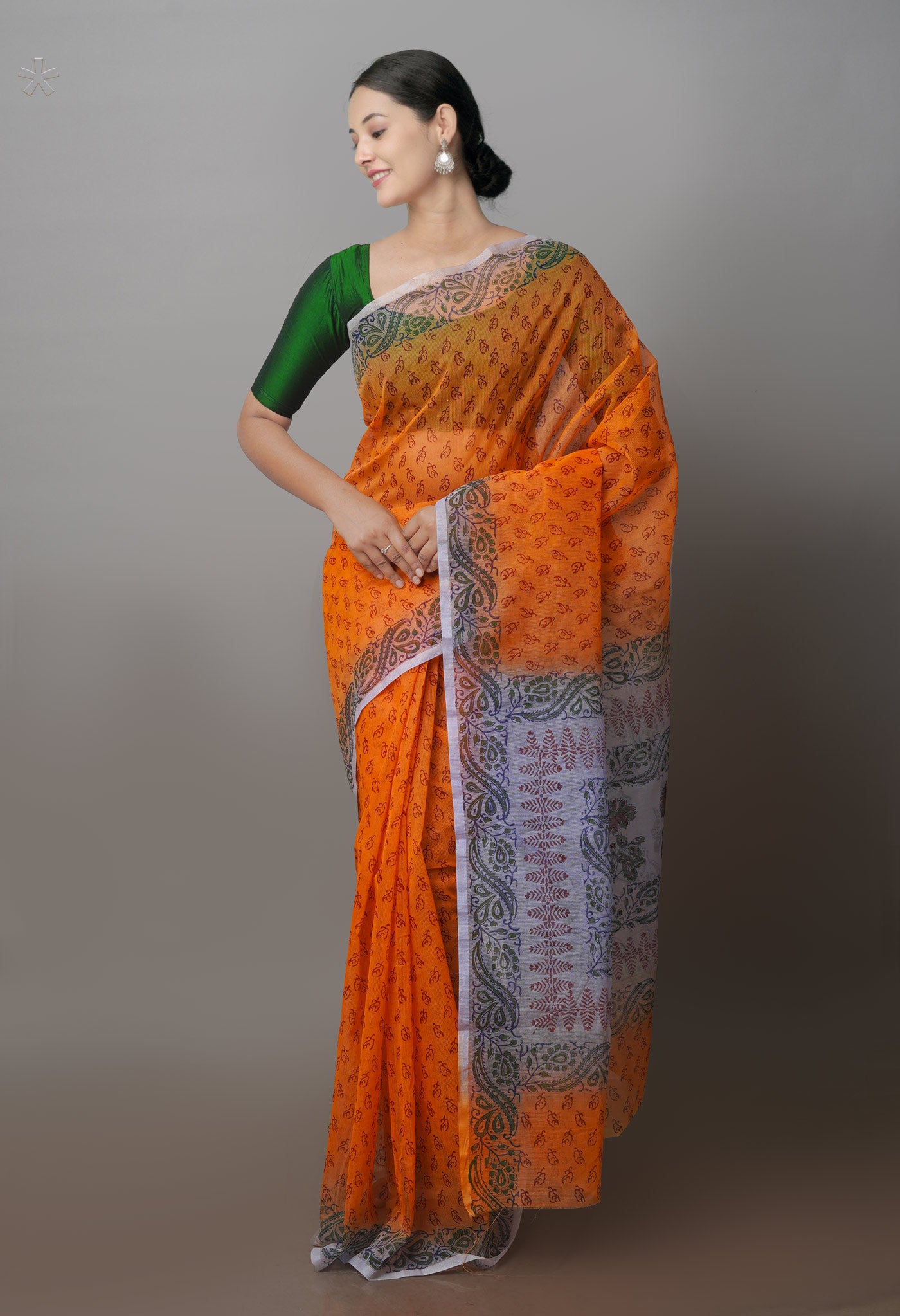 Orange Block Printed Supernet Saree-UNM71336