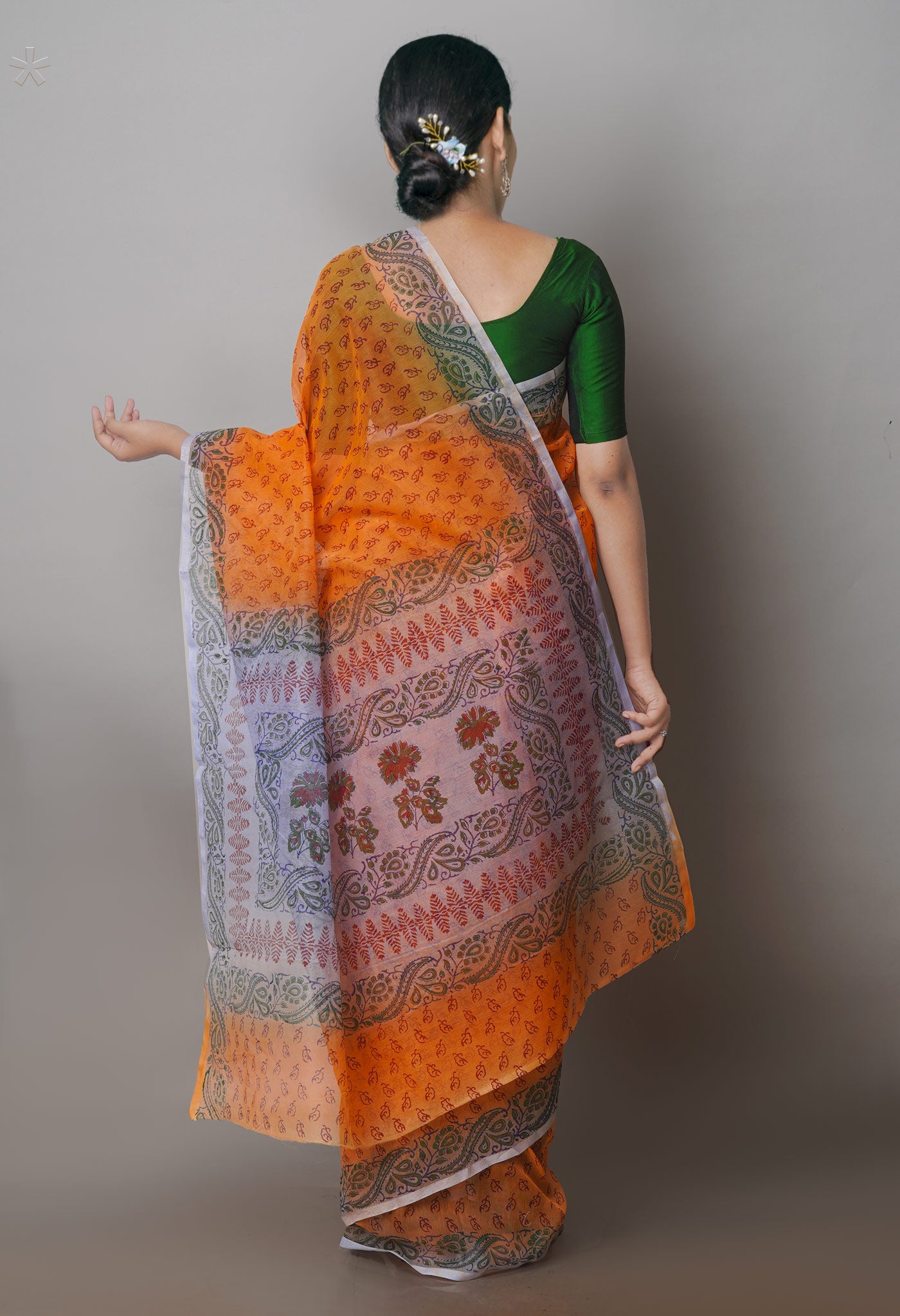 Orange Block Printed Supernet Saree-UNM71336