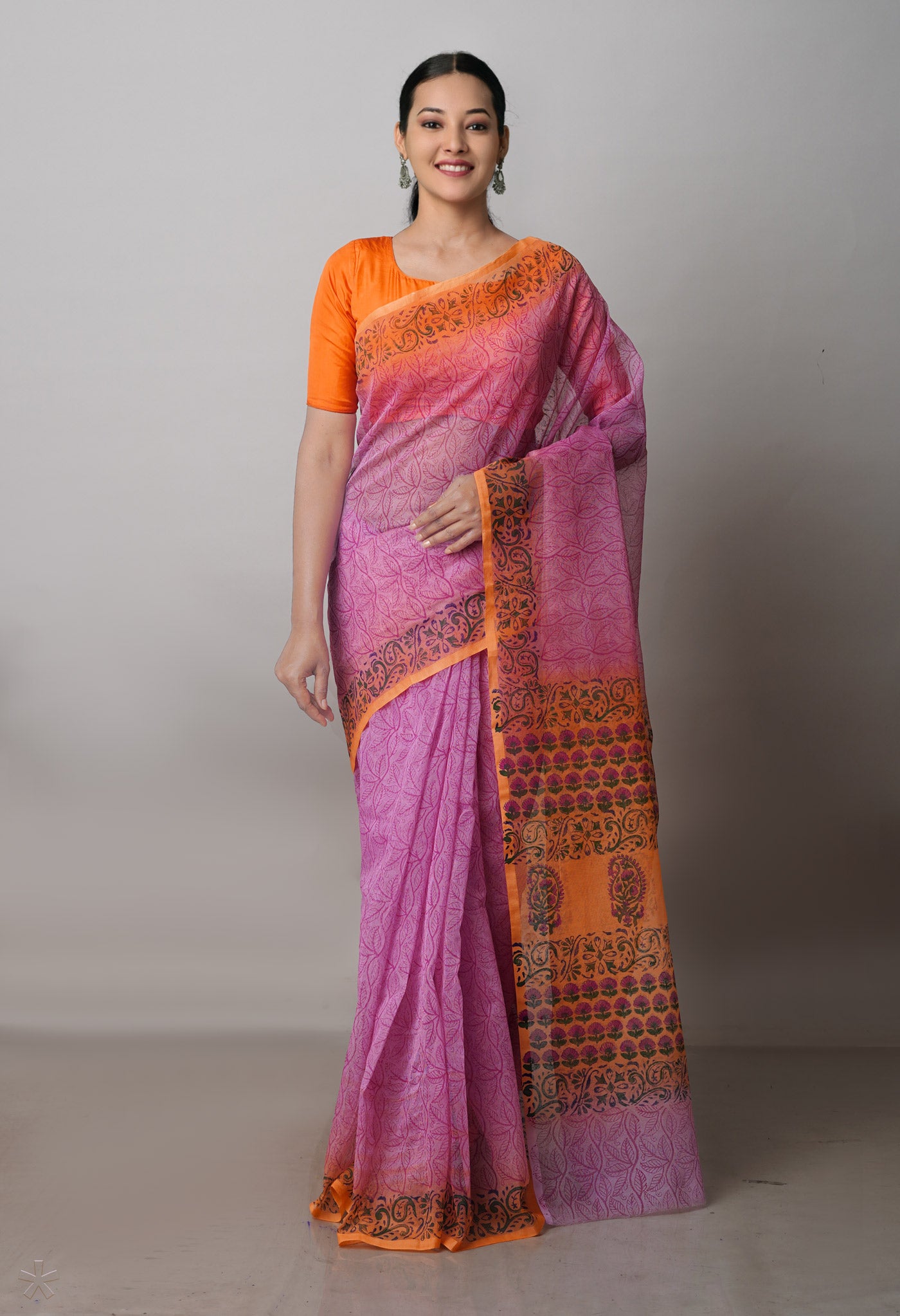 Pink Block Printed Supernet Saree-UNM71345