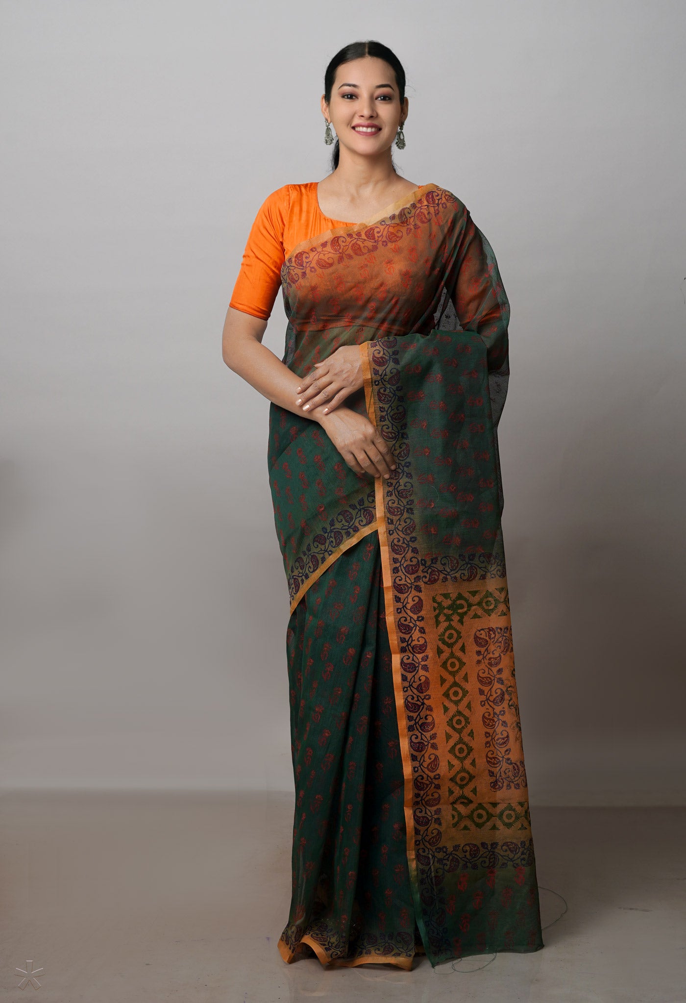 Green Block Printed Supernet Saree-UNM71347