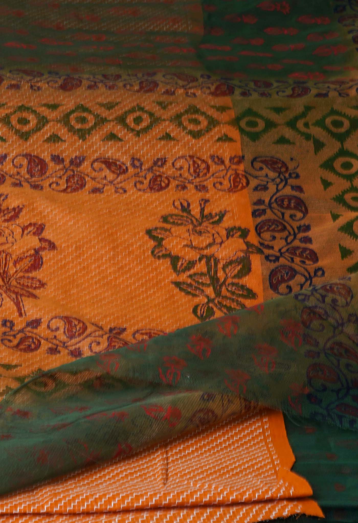 Green Block Printed Supernet Saree-UNM71347