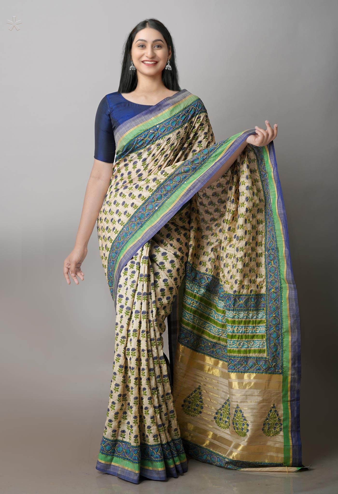Brown Hand Block Printed Bengal Tussar Silk Saree With Chips and Hand Kantha work-UNM71446