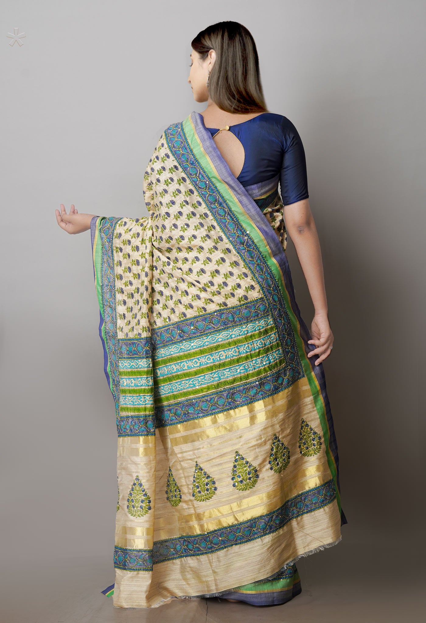 Brown Hand Block Printed Bengal Tussar Silk Saree With Chips and Hand Kantha work-UNM71446