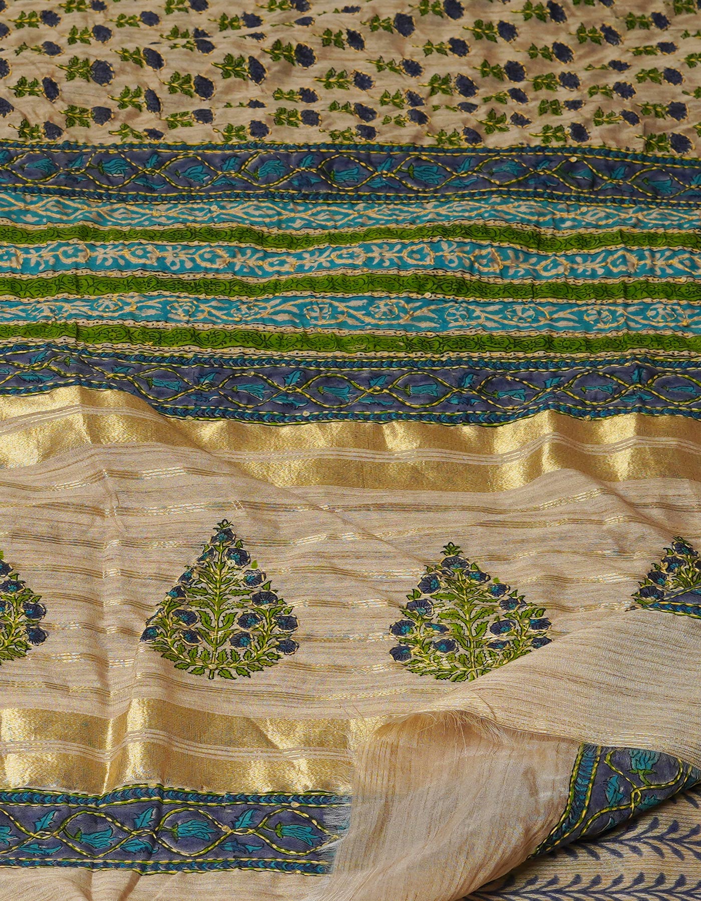 Brown Hand Block Printed Bengal Tussar Silk Saree With Chips and Hand Kantha work-UNM71446