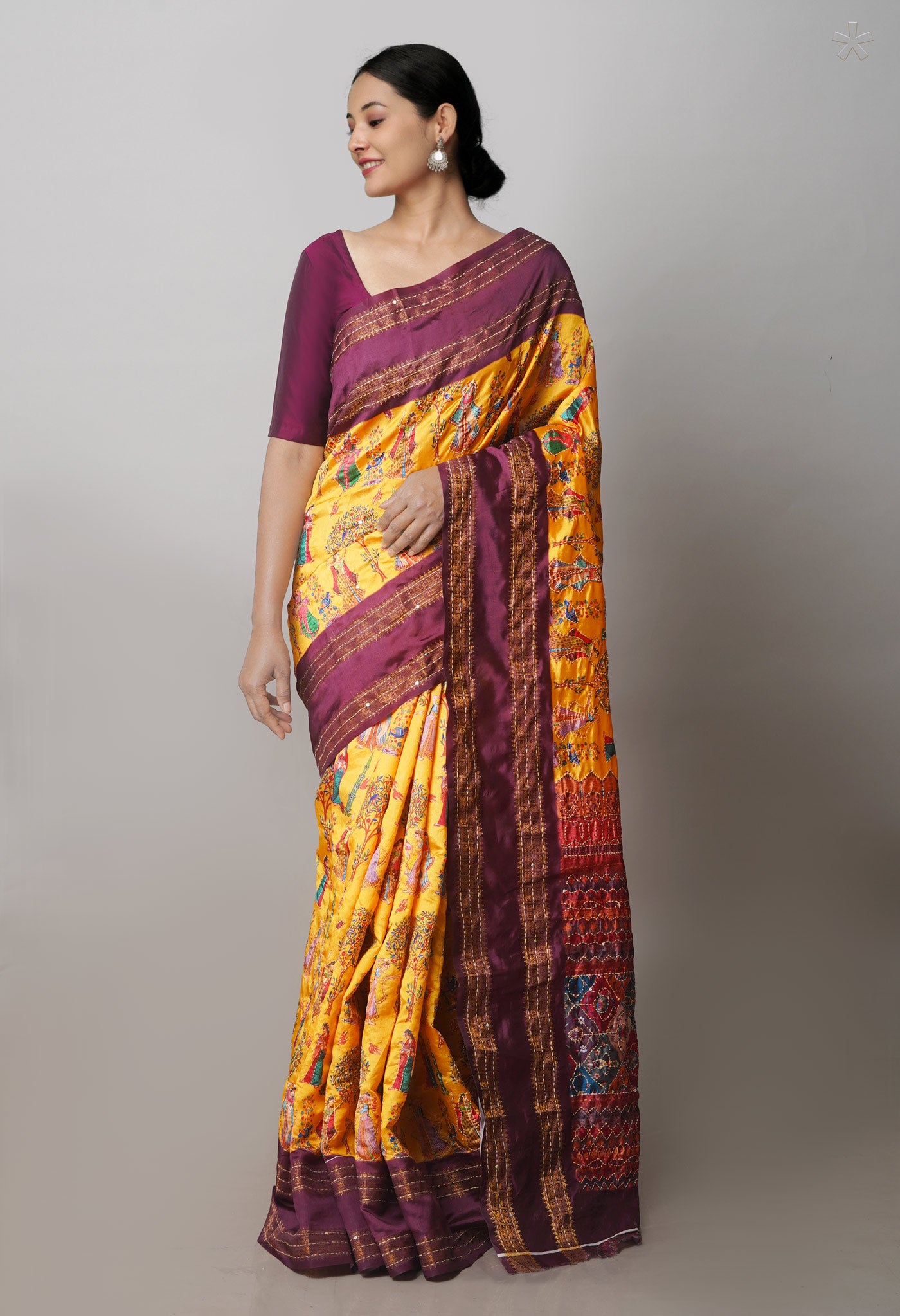 Yellow Kalamkari Printed Soft Silk Saree With Chips,Pichwai and Hand Kantha work
-UNM71462