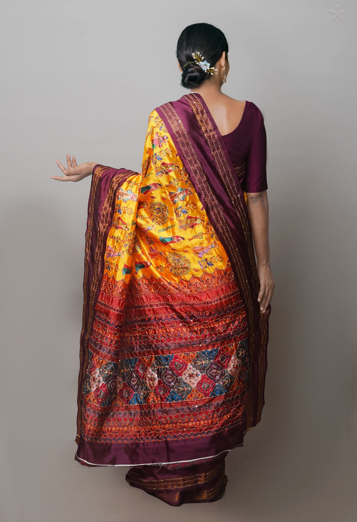 Yellow Kalamkari Printed Soft Silk Saree With Chips,Pichwai and Hand Kantha work
-UNM71462