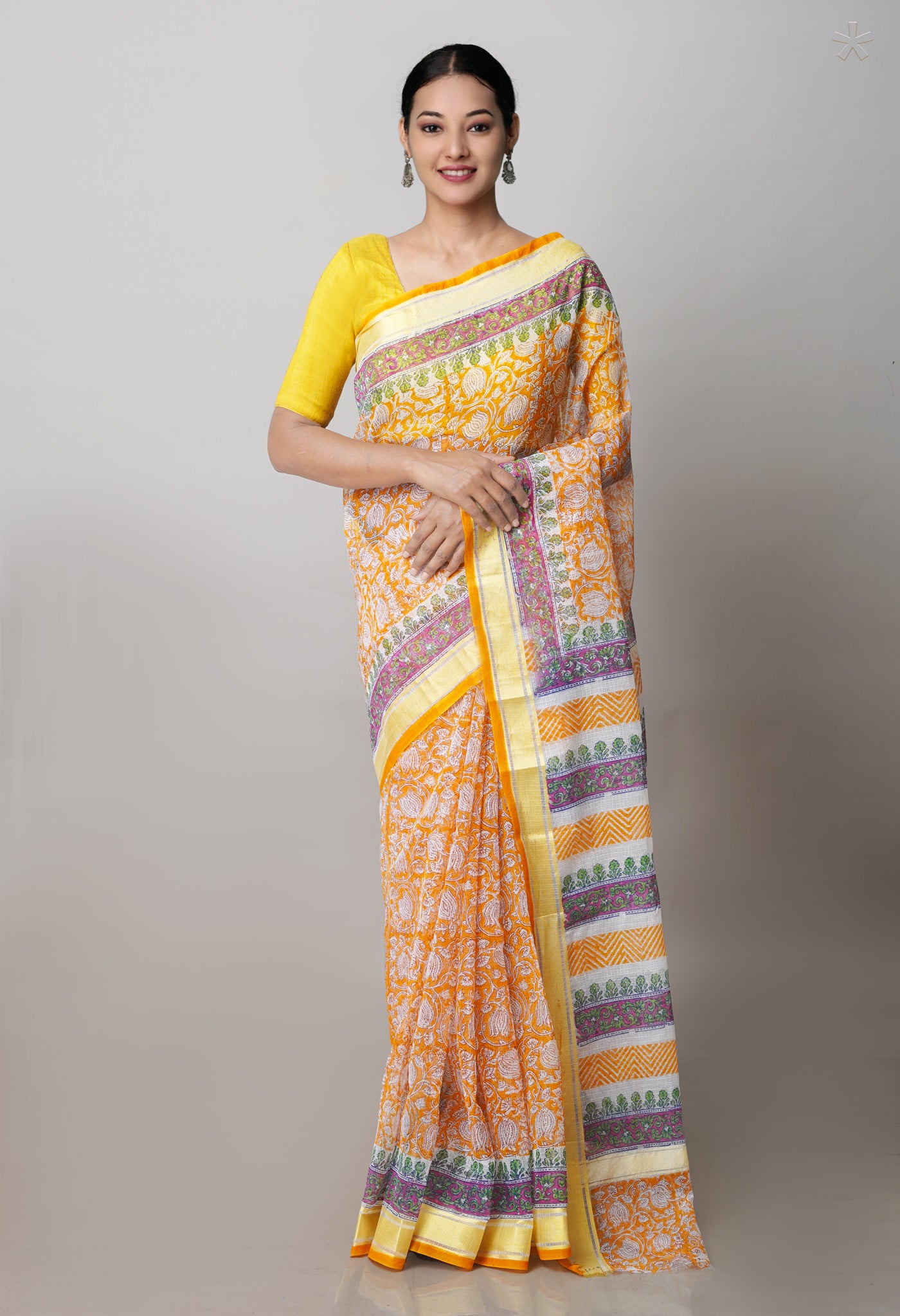 Orange Pure Block Printed Kota Cotton Saree-UNM71478