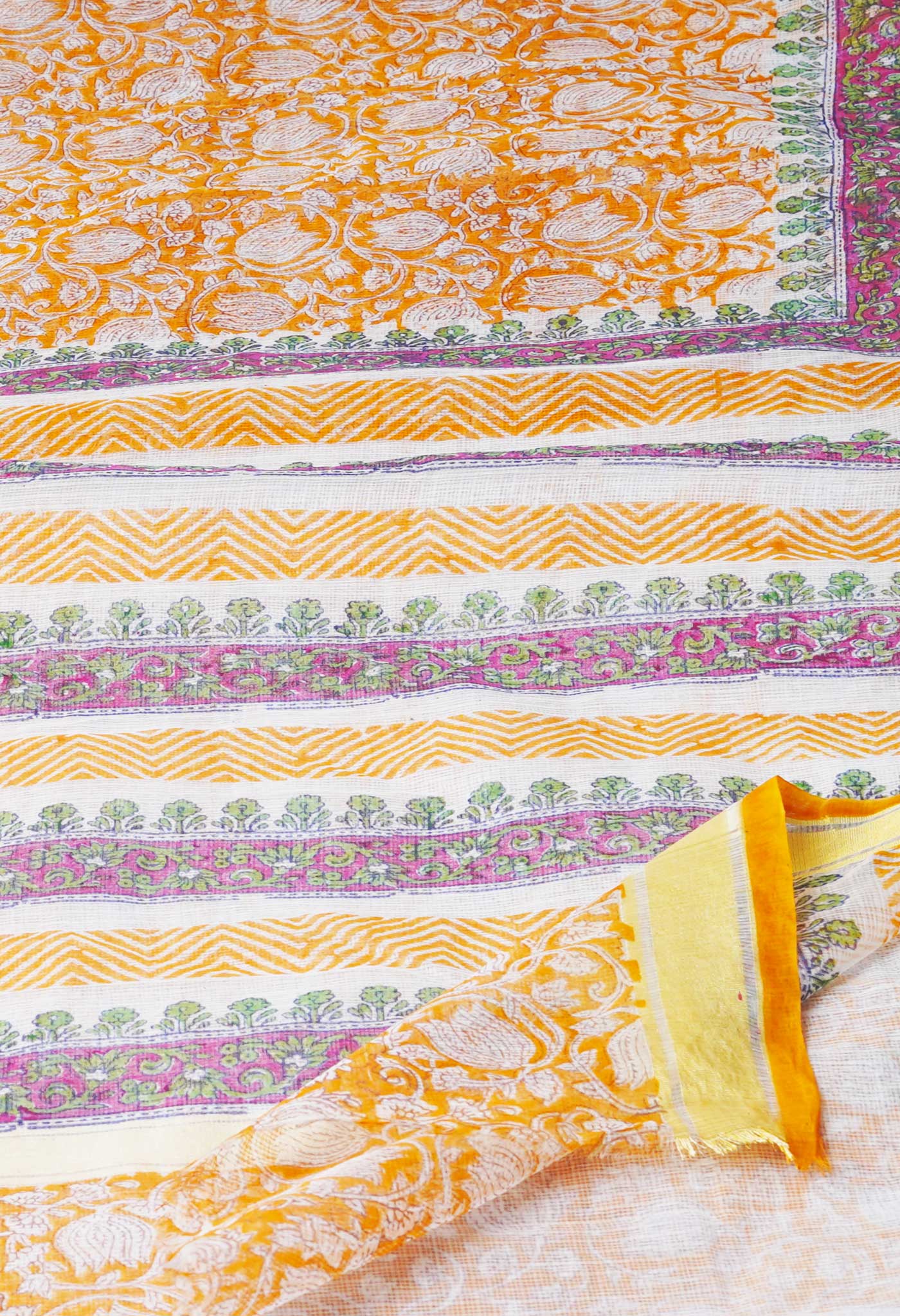 Orange Pure Block Printed Kota Cotton Saree-UNM71478