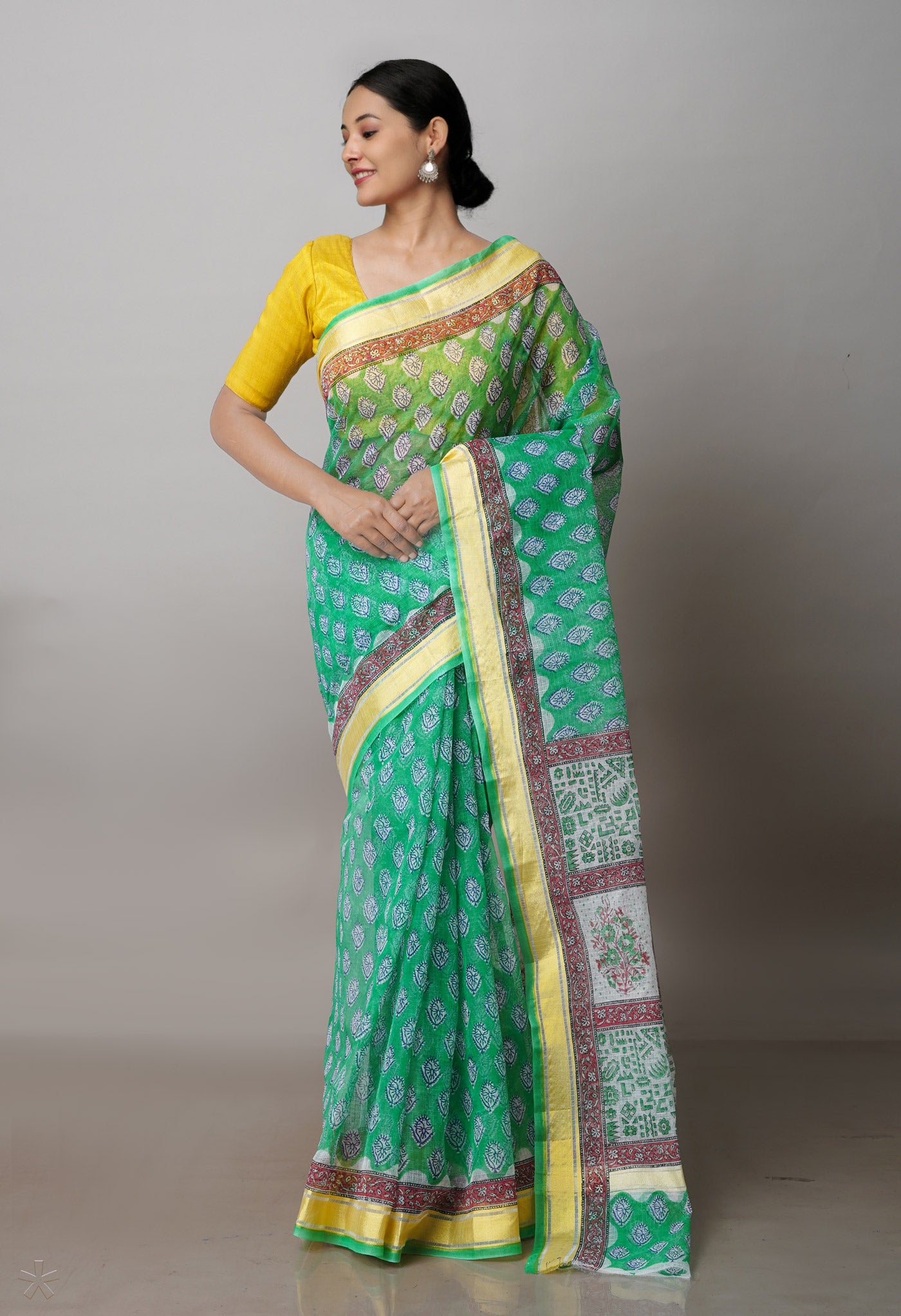 Green Pure Block Printed Kota Cotton Saree-UNM71489